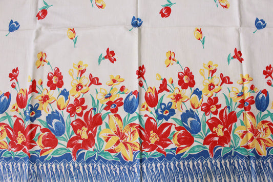 Vintage 1980s Cotton Floral Border Print, Red, Yellow, Blue Fabric, 1.1 Yards