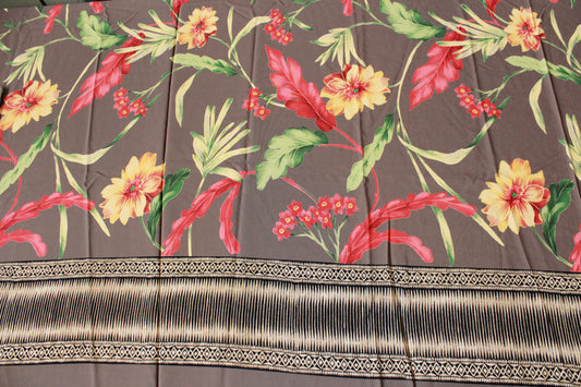 1980s Rayon Border Print In Taupe With Coral And Yellow Flowers 3.1 Yards