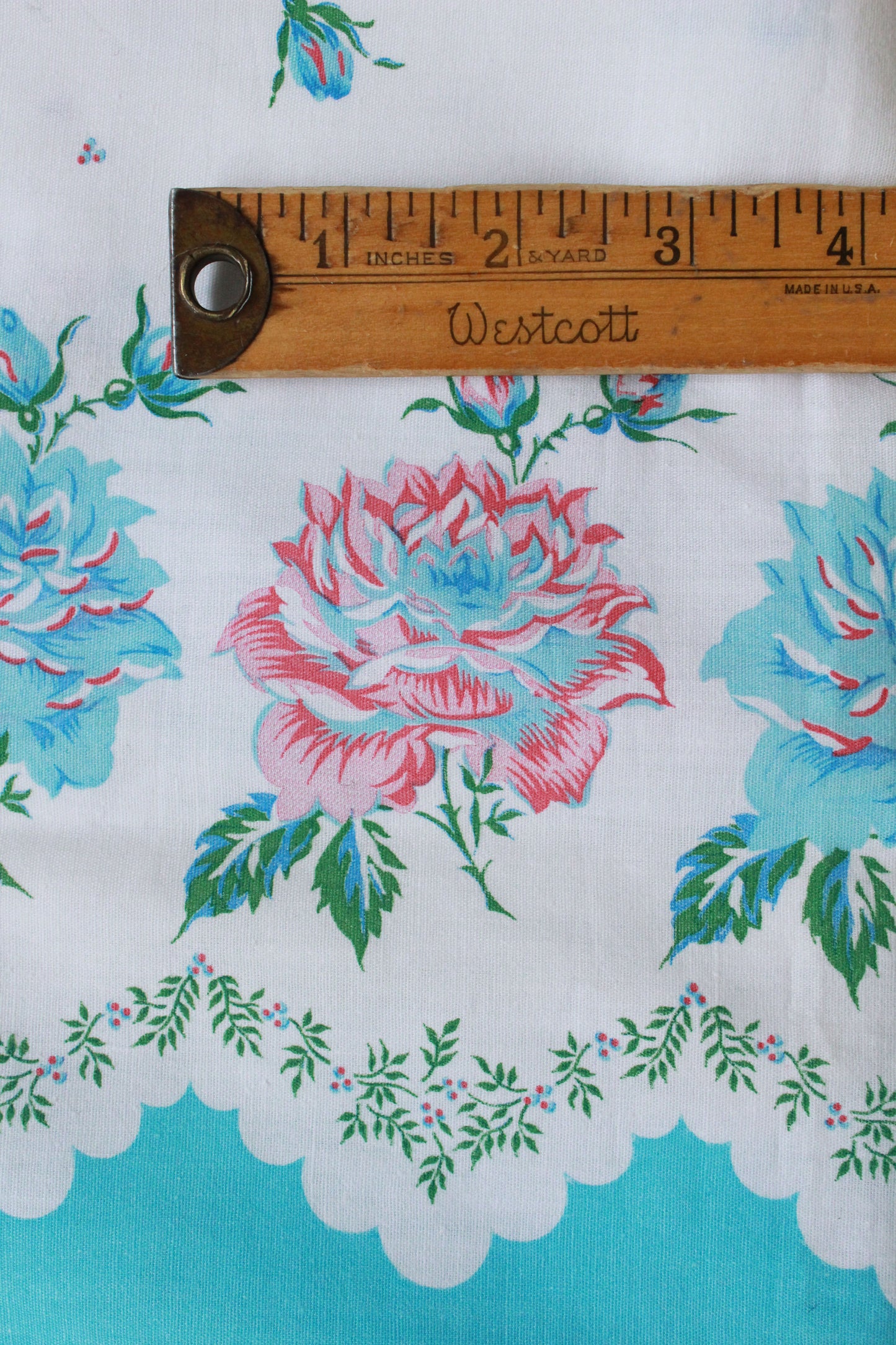 Vintage 1980s Floral Border Print, Pink And Blue Flowers, Cotton Vintage Sewing Fabric, Summer Print, 2.9 Yards. 80s Does 50s