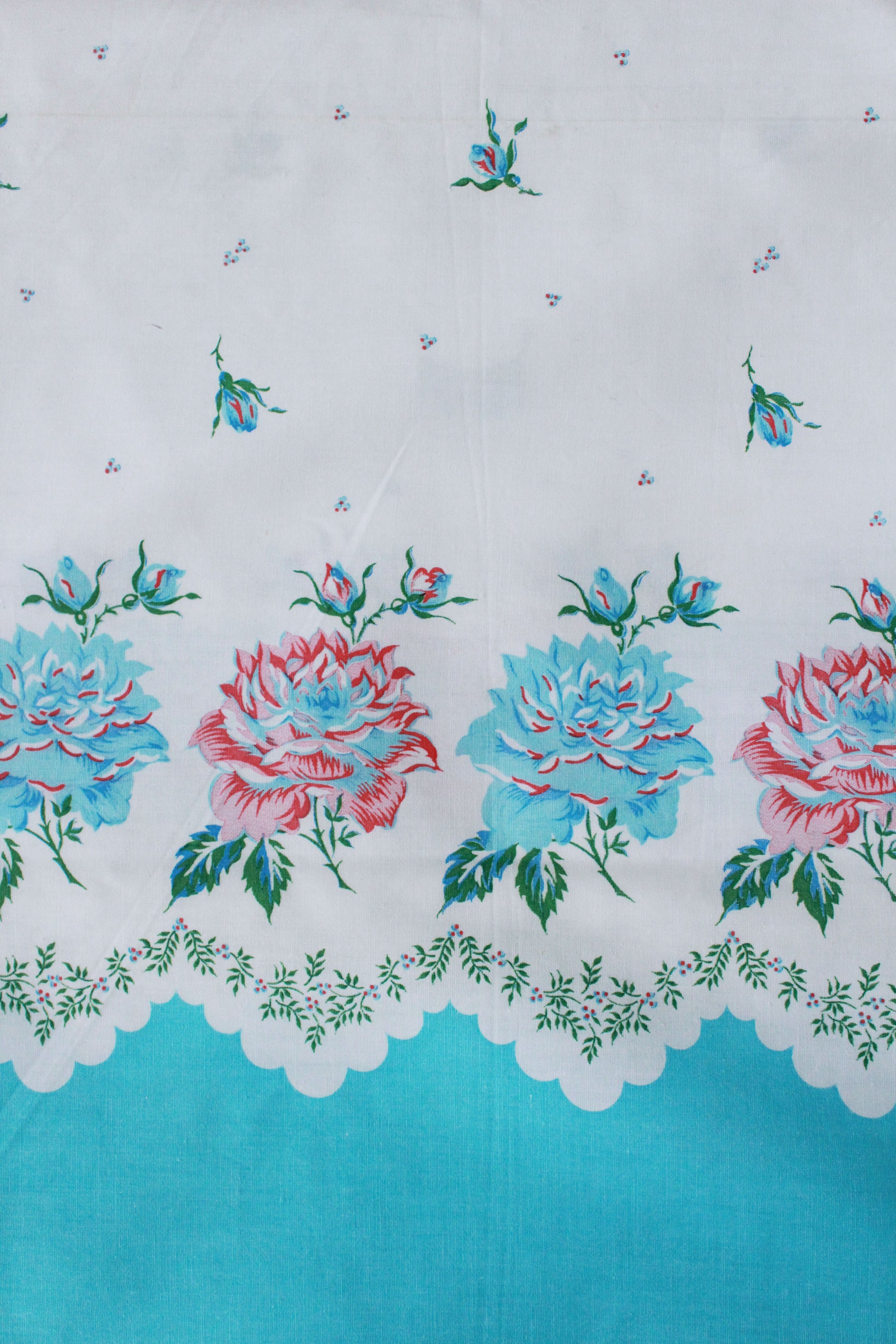 Vintage 1980s Floral Border Print, Pink And Blue Flowers, Cotton Vintage Sewing Fabric, Summer Print, 2.9 Yards. 80s Does 50s