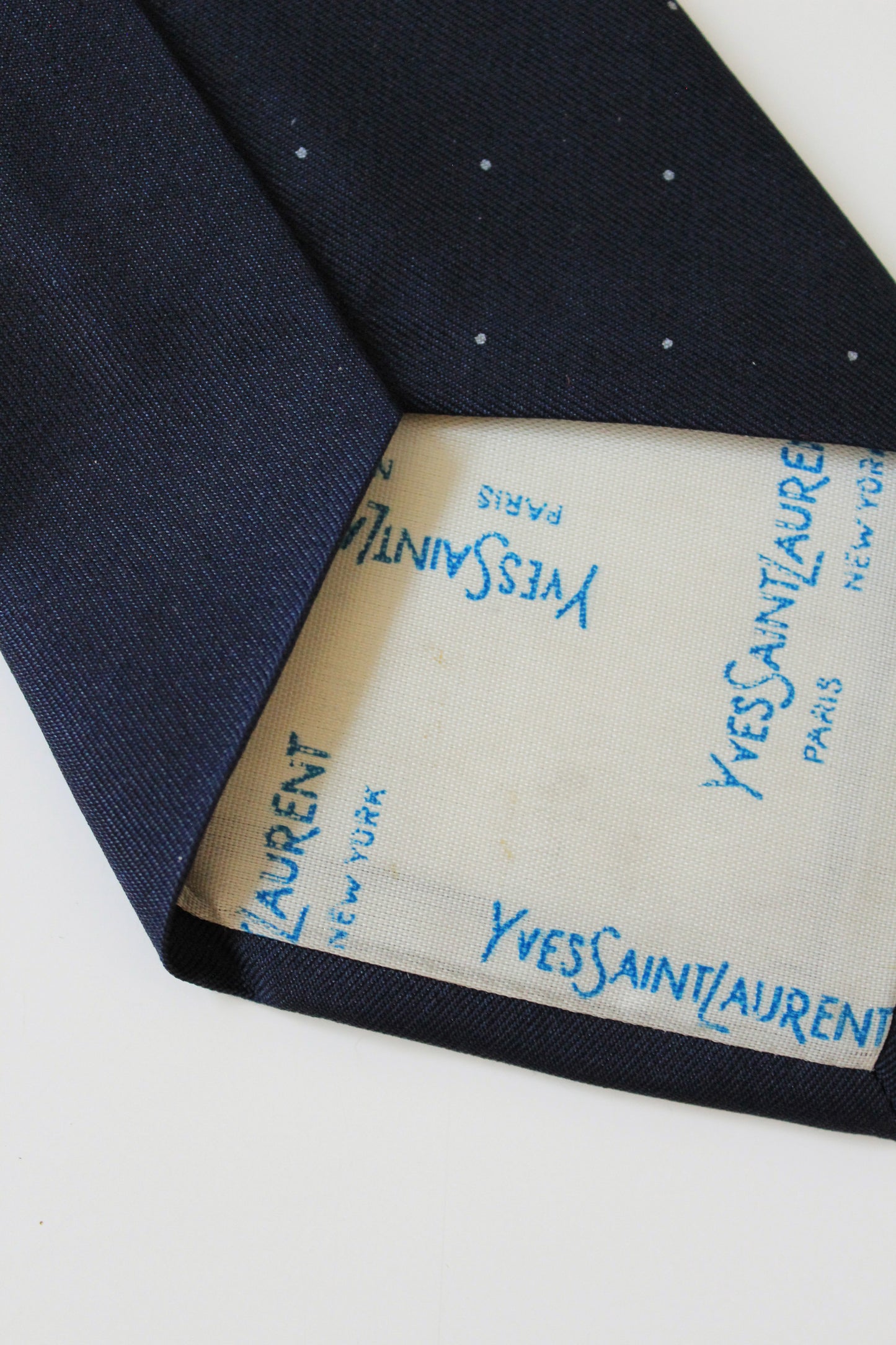 1980s YSL blue Plaid Silk Designer Tie With Small Polka Dots