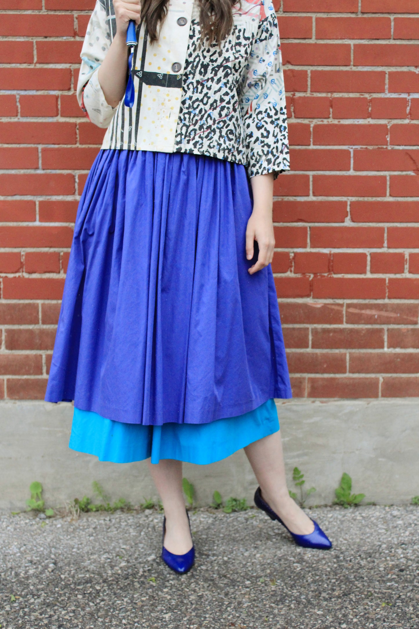 Vintage 1980s Laurèl by Escada Two Tone Blue Full Gathered Cotton Skirt, Small