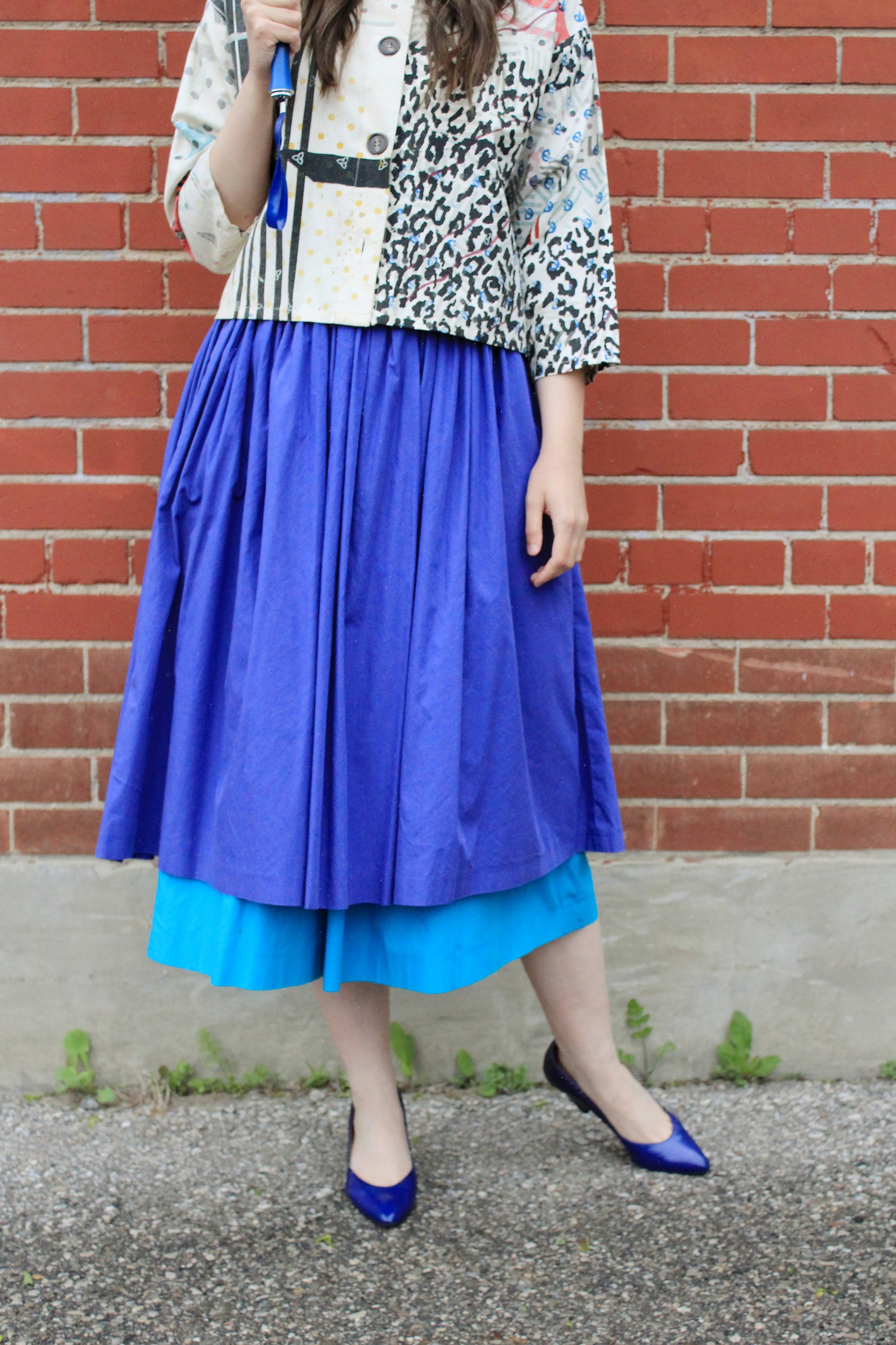 Vintage 1980s Laurèl by Escada Two Tone Blue Full Gathered Cotton Skirt, Small