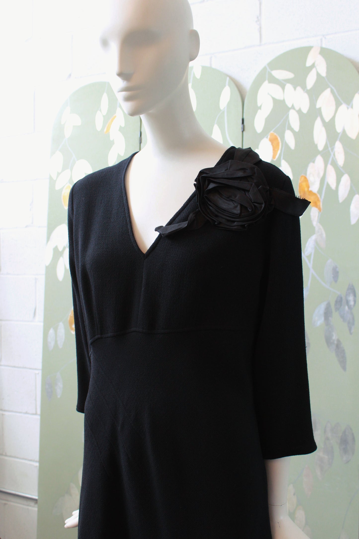 Vintage 1990s Black 3/4 Sleeve Wool Dress With Flower Detail, Rickie Freeman for Toni Jon, Medium