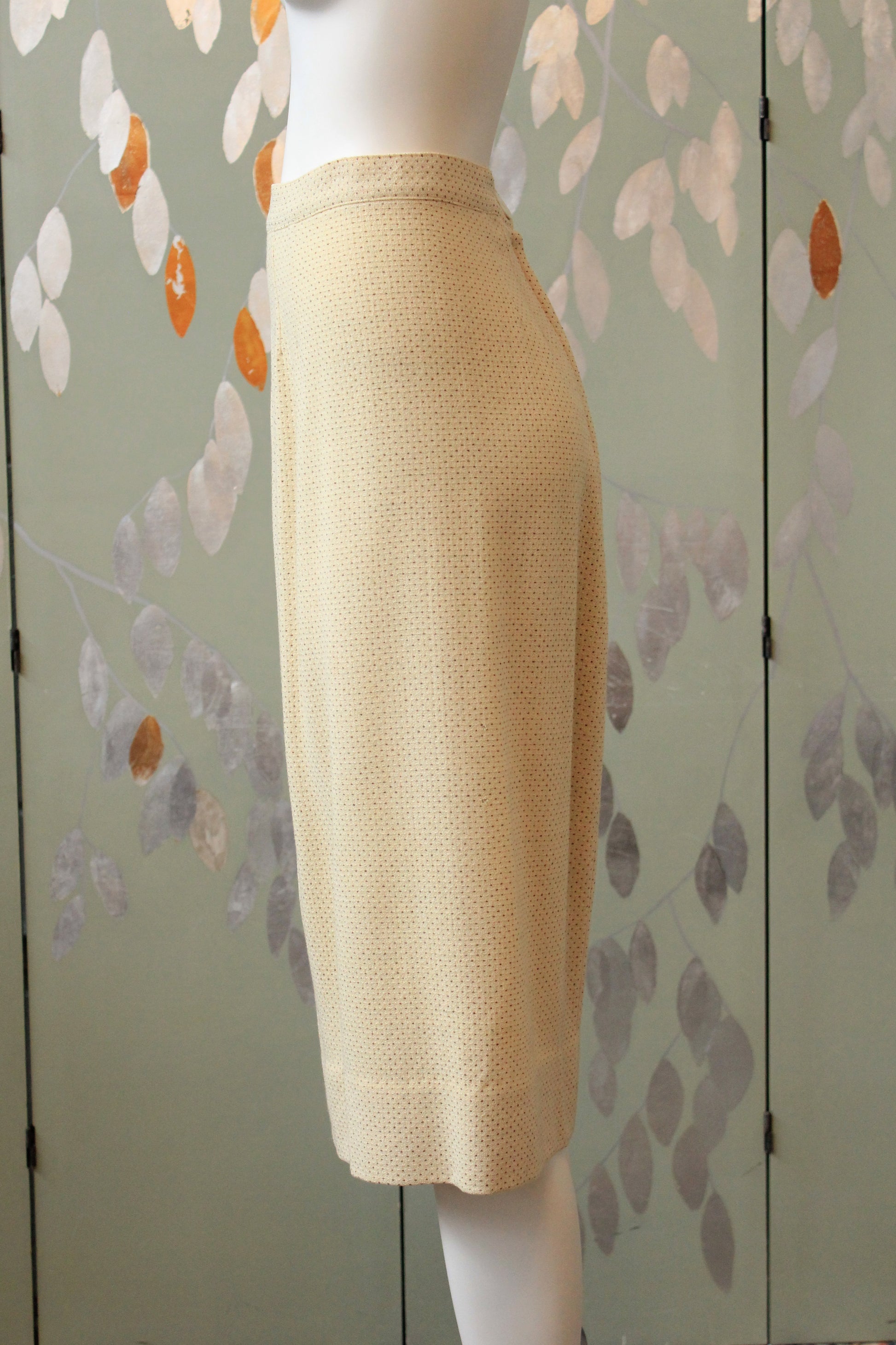 Vintage 1950s Cream and Brown Dot Skirt Suit Set With Leaf Embellishment, XS