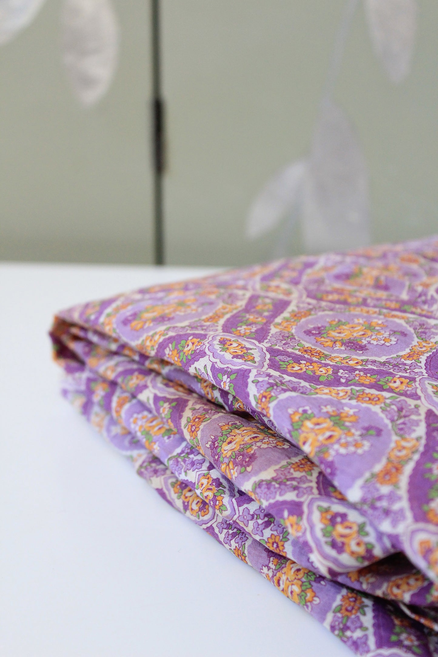 1930s Purple Cotton Sewing Fabric With Orange Flowers , 3.4 Yards