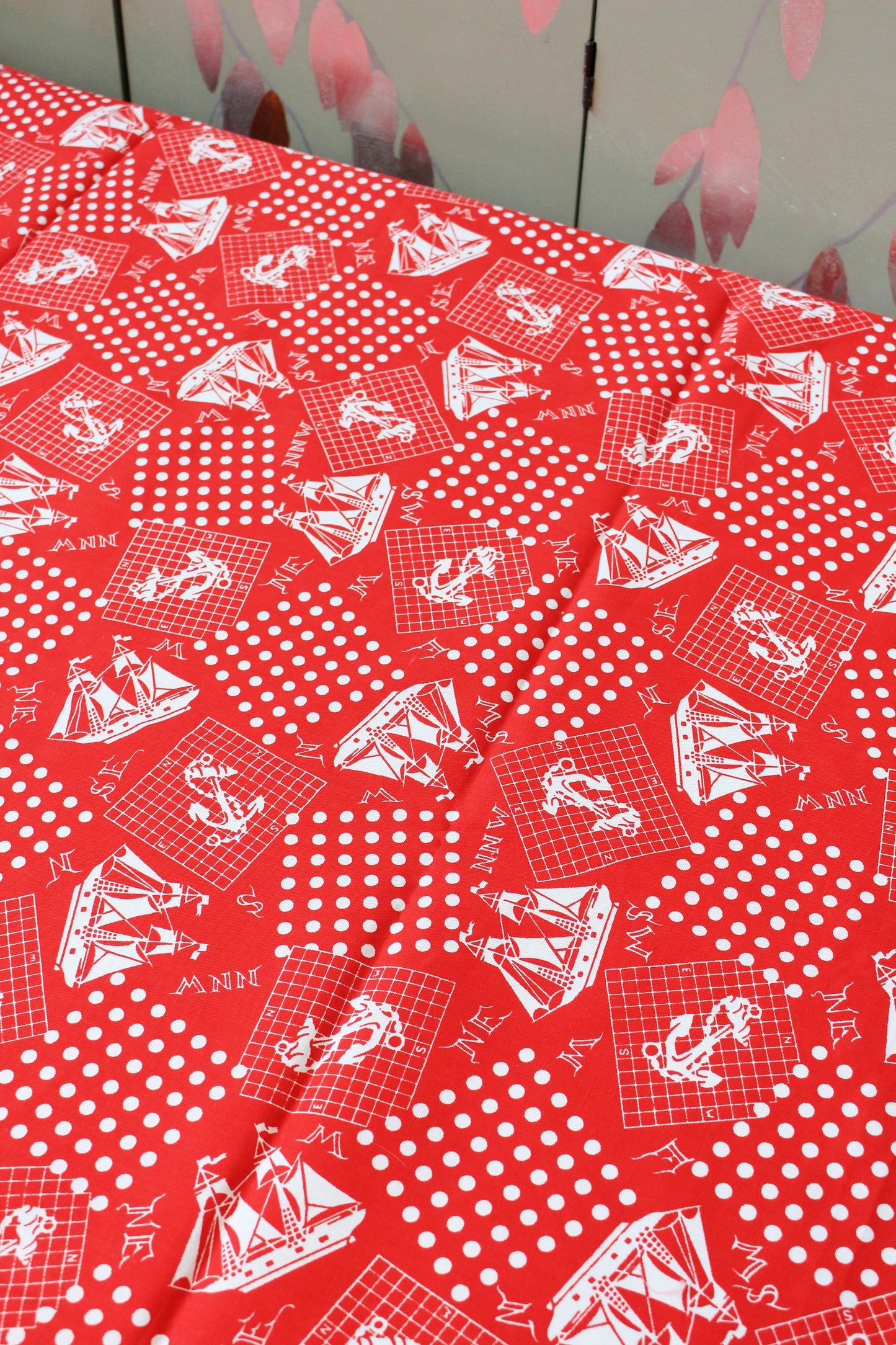 1980s Red And White Sailboat/Anchor Nautical Cotton Vintage Print Fabric, 4 Yards