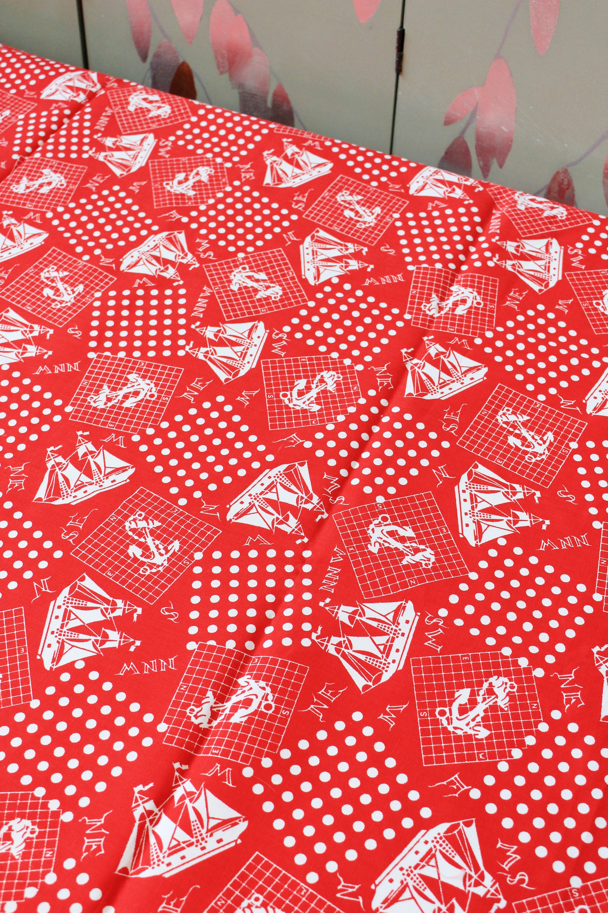 1980s Red And White Sailboat/Anchor Nautical Cotton Vintage Print Fabric, 4 Yards
