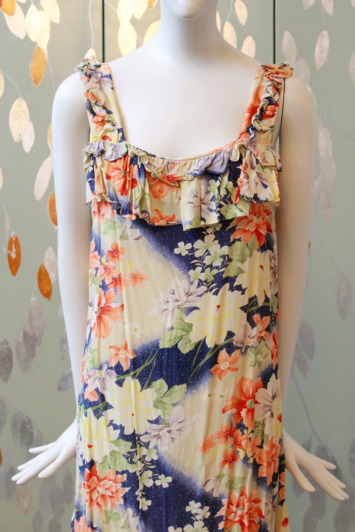 1930s Bias Cut Yellow And Orange Floral Gown With Train, Small