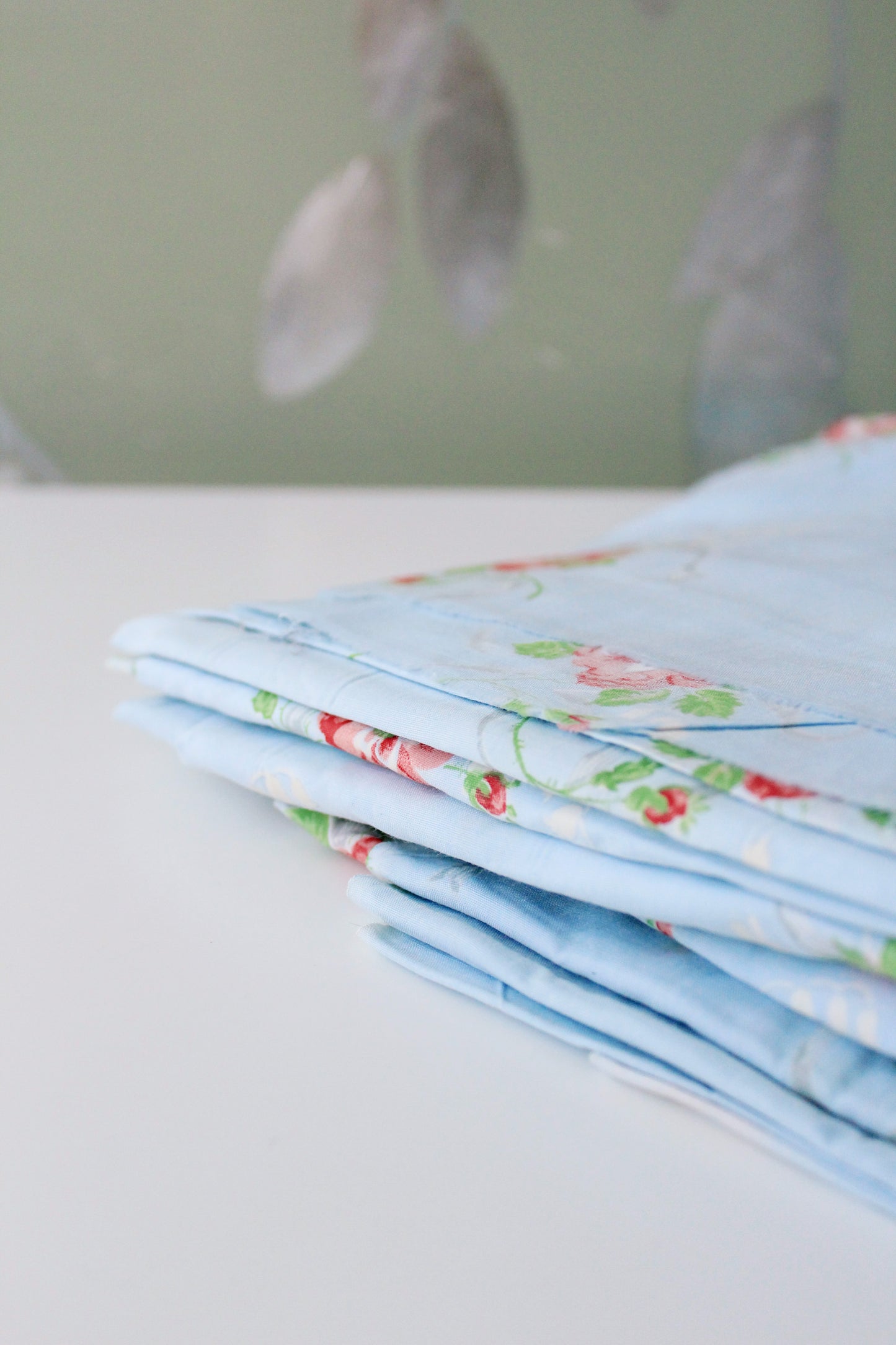 1940s Light Blue Cotton Fabric With Pink Flowers, 9 Yards