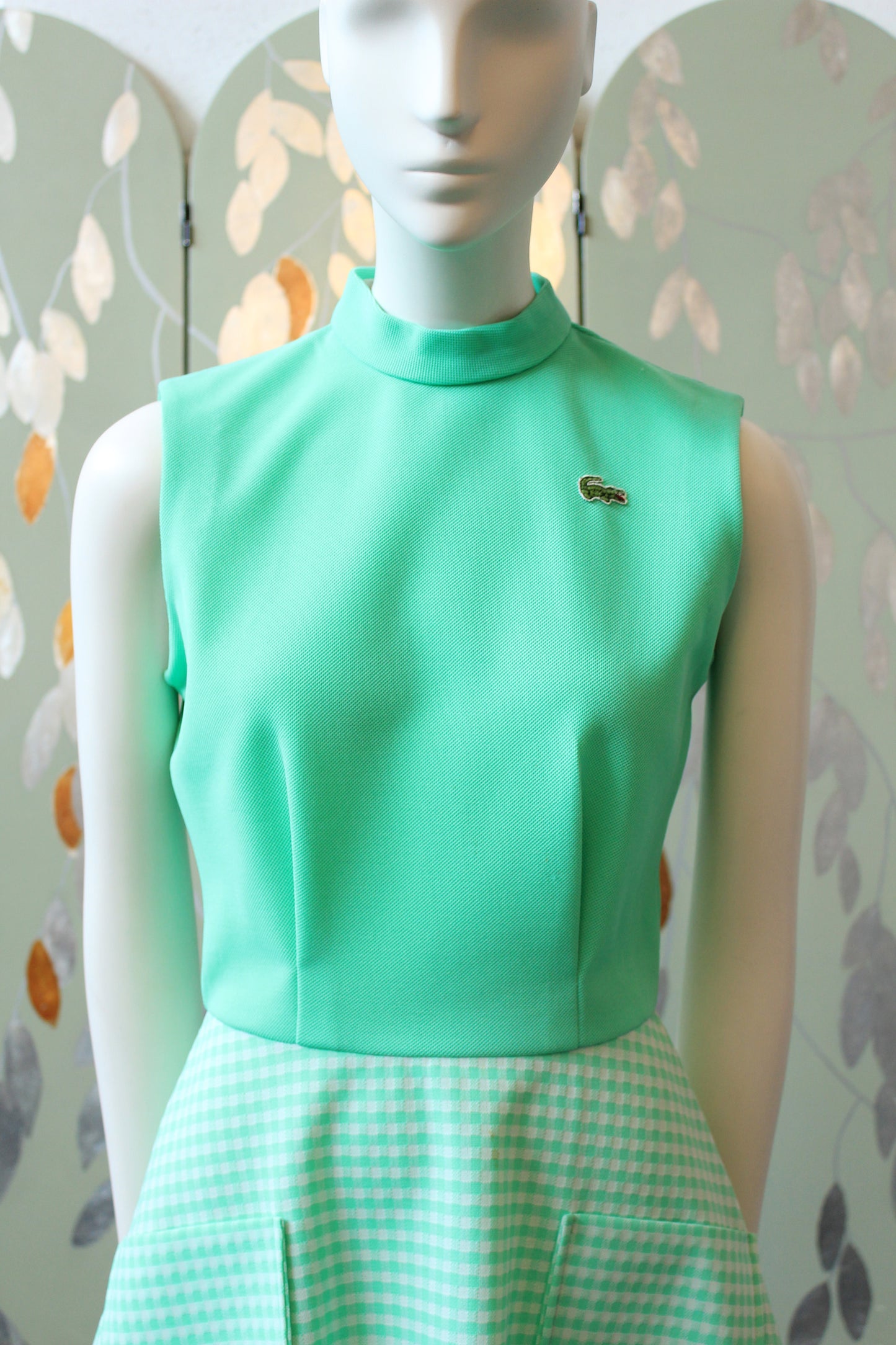1970s Lacoste Bright Green Sleeveless Tennis Dress With Flared Gingham Skirt, Small