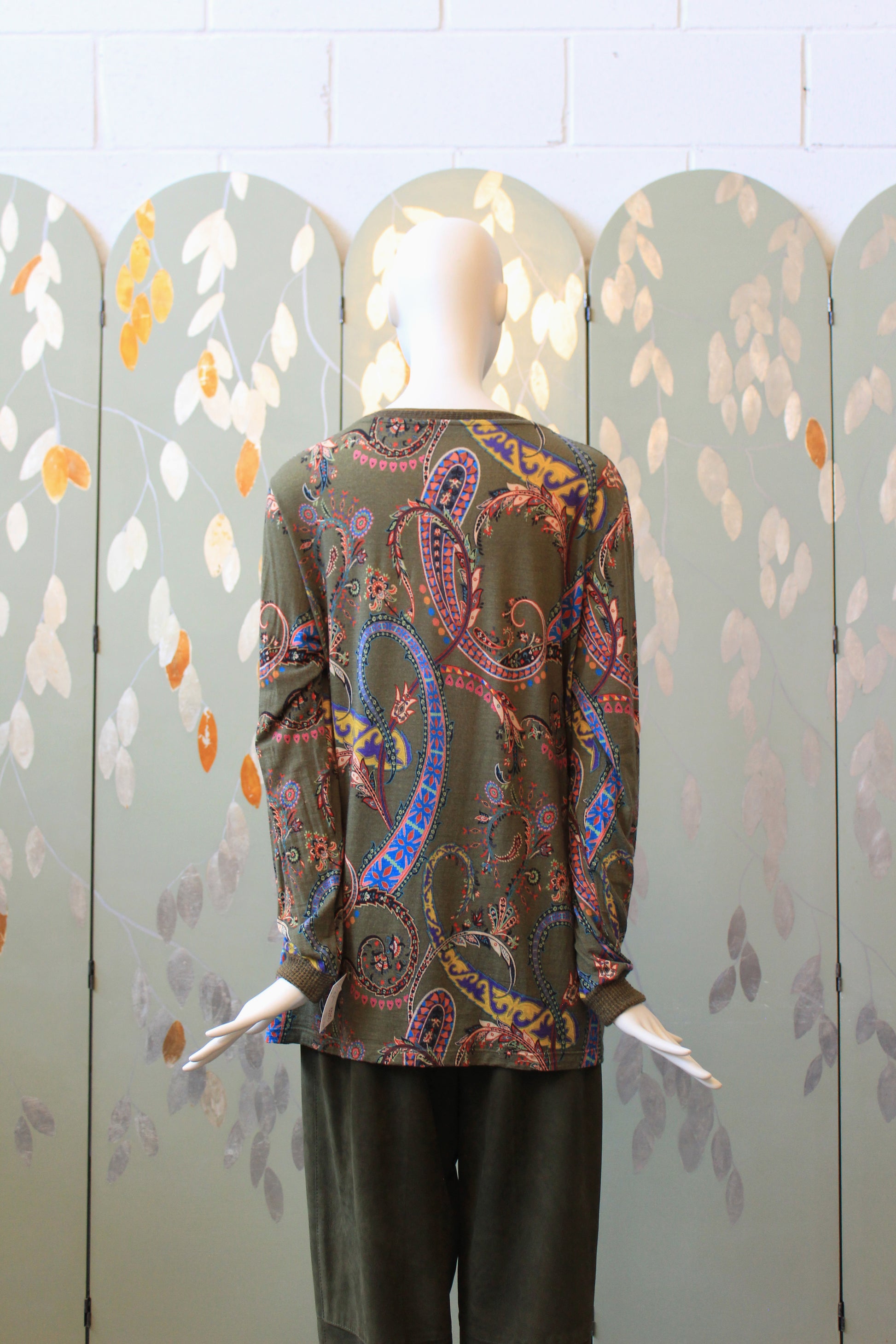 Early 2000s Olive Green Etro Long Sleeve Paisley Print Cotton Long Sleeve Top, Large