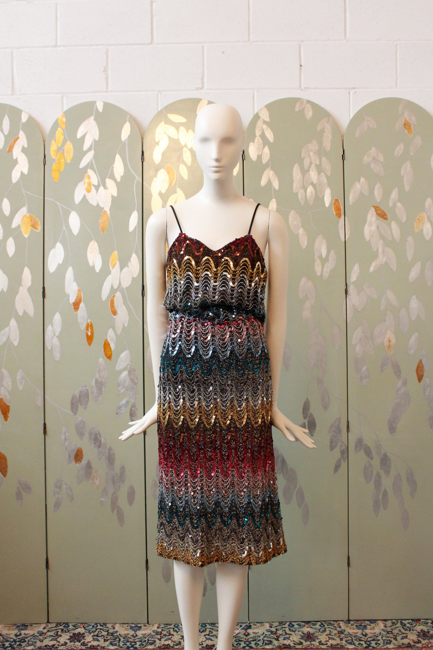 Vintage 1970s Sparkly Sequin Rainbow Spaghetti Strap Disco Dress, XS