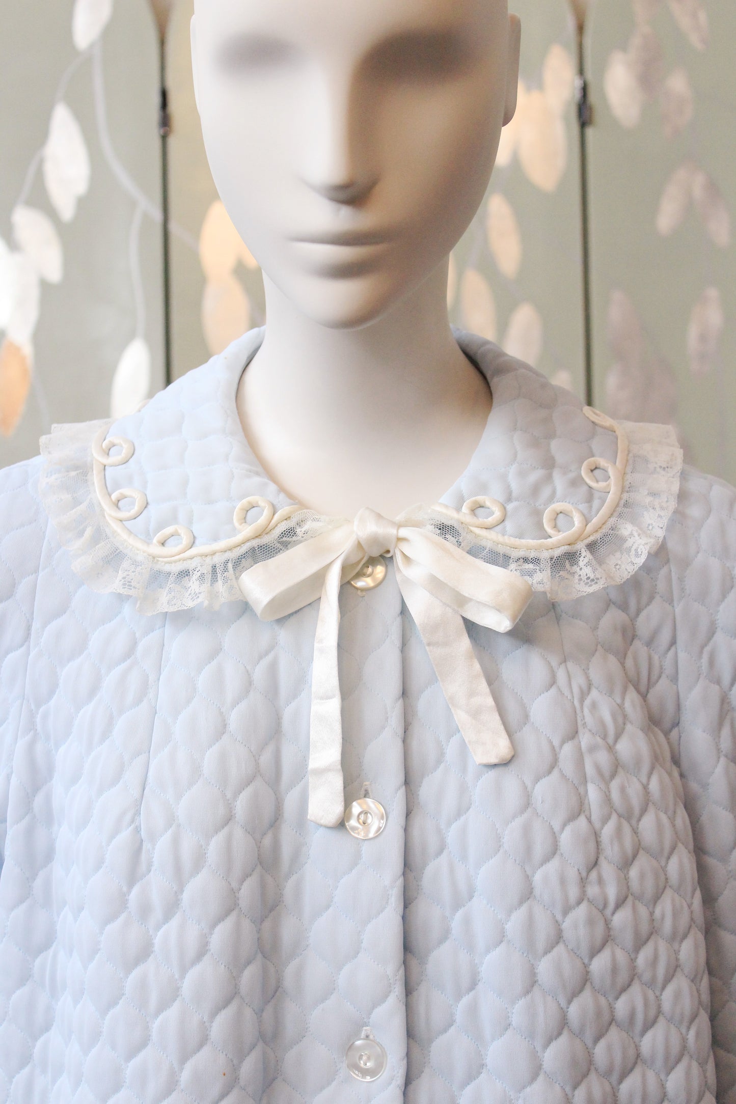 1960s Light Blue Quilted Bed Jacket With Collar, S/M