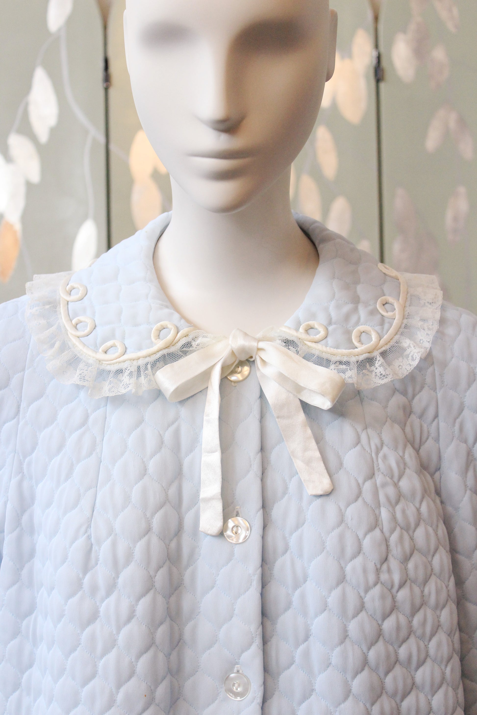 1960s Light Blue Quilted Bed Jacket With Collar, S/M