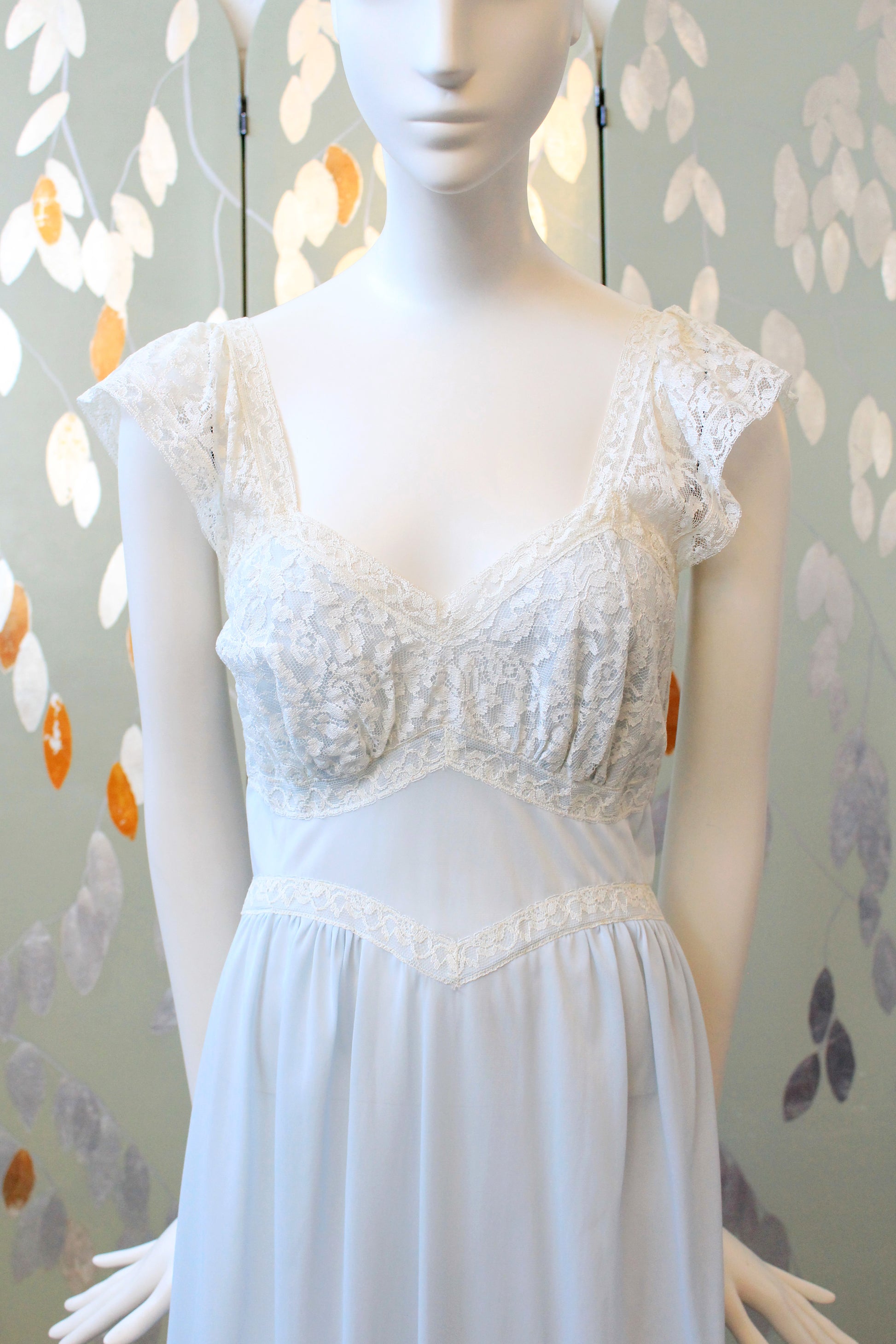 1950s Light Blue Ankle Length Nightgown With Lace Trim, Small