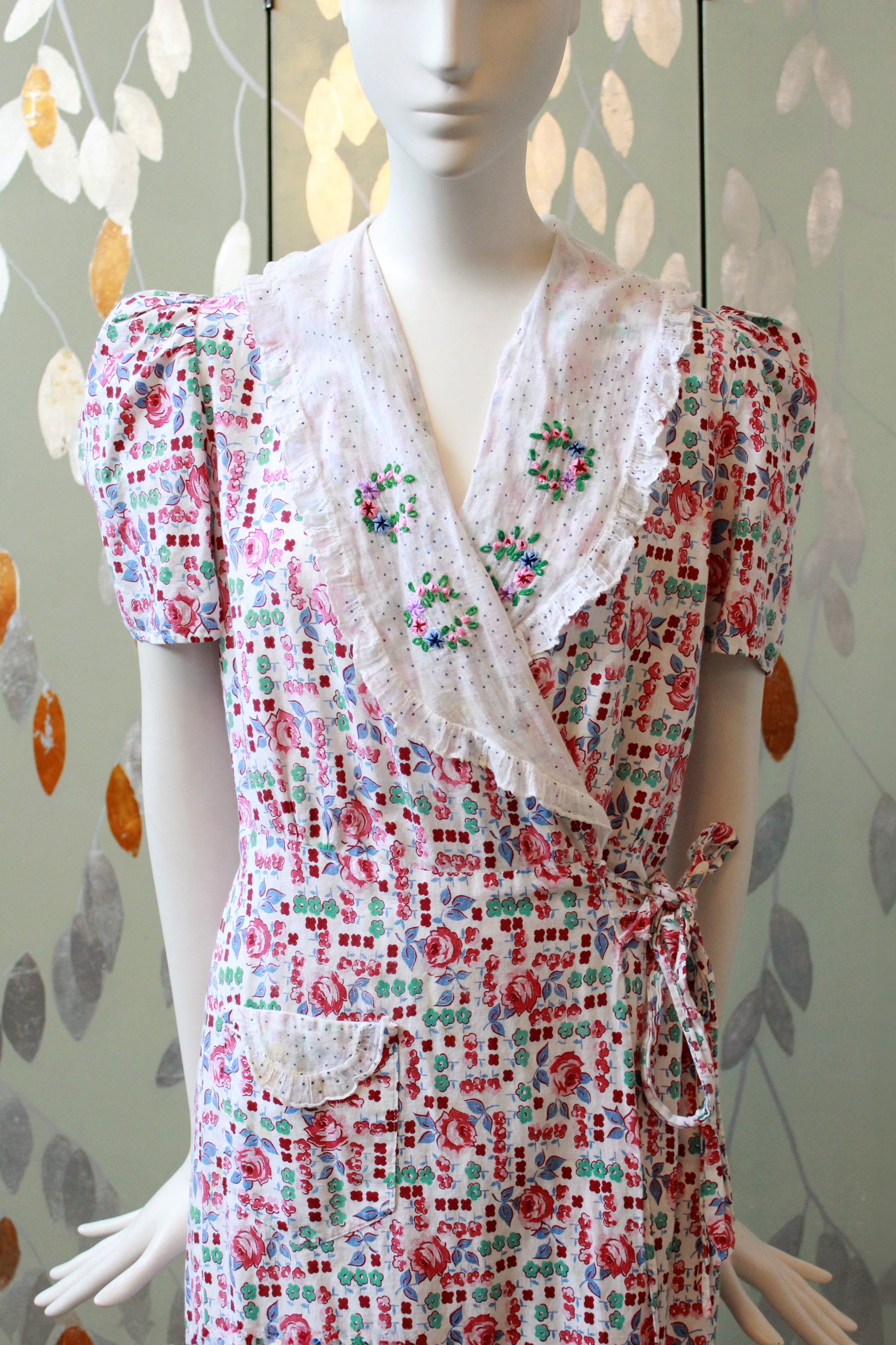 1940s  Floral Cotton Wrap House Dress With Embroidery, Medium