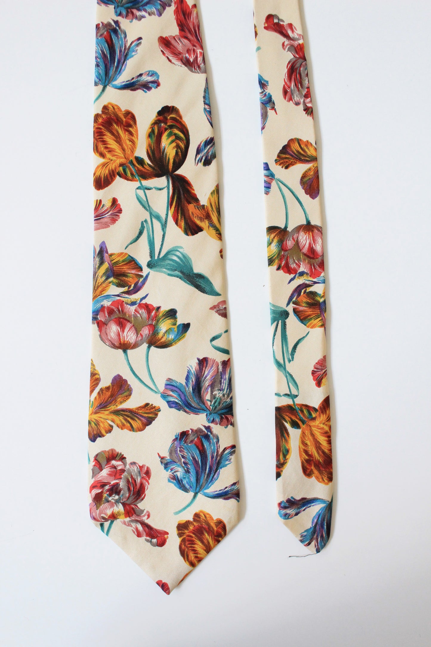 1990s YSL Multicoloured Flowers Silk Designer Tie With Ivory Base