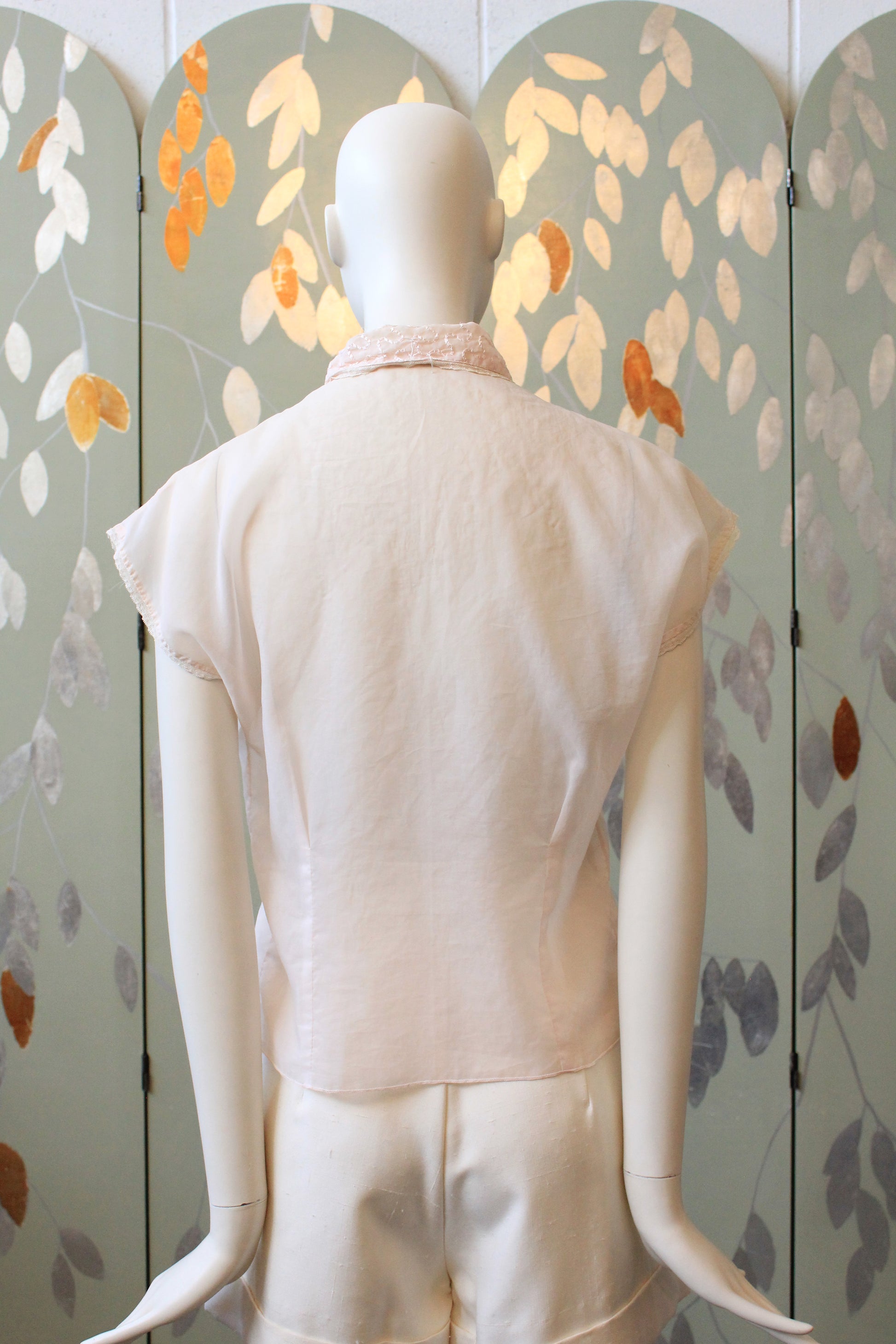 Vintage 1950s Light Pink Nylon Short Sleeve Blouse With Embroidered Yoke, XS