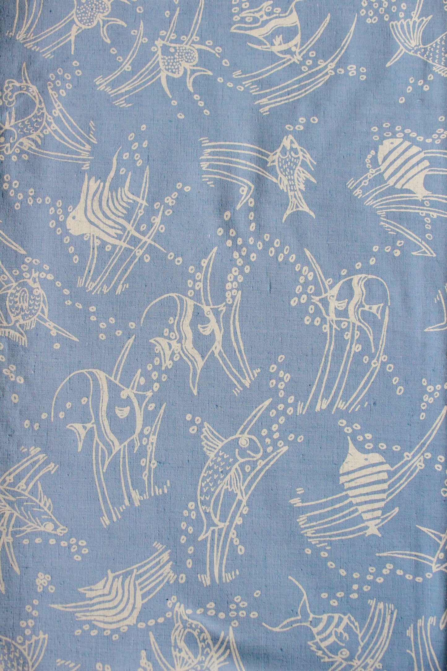 Vintage 1960s Light Blue Nautical Fish Cotton Fabric, 3 Yards