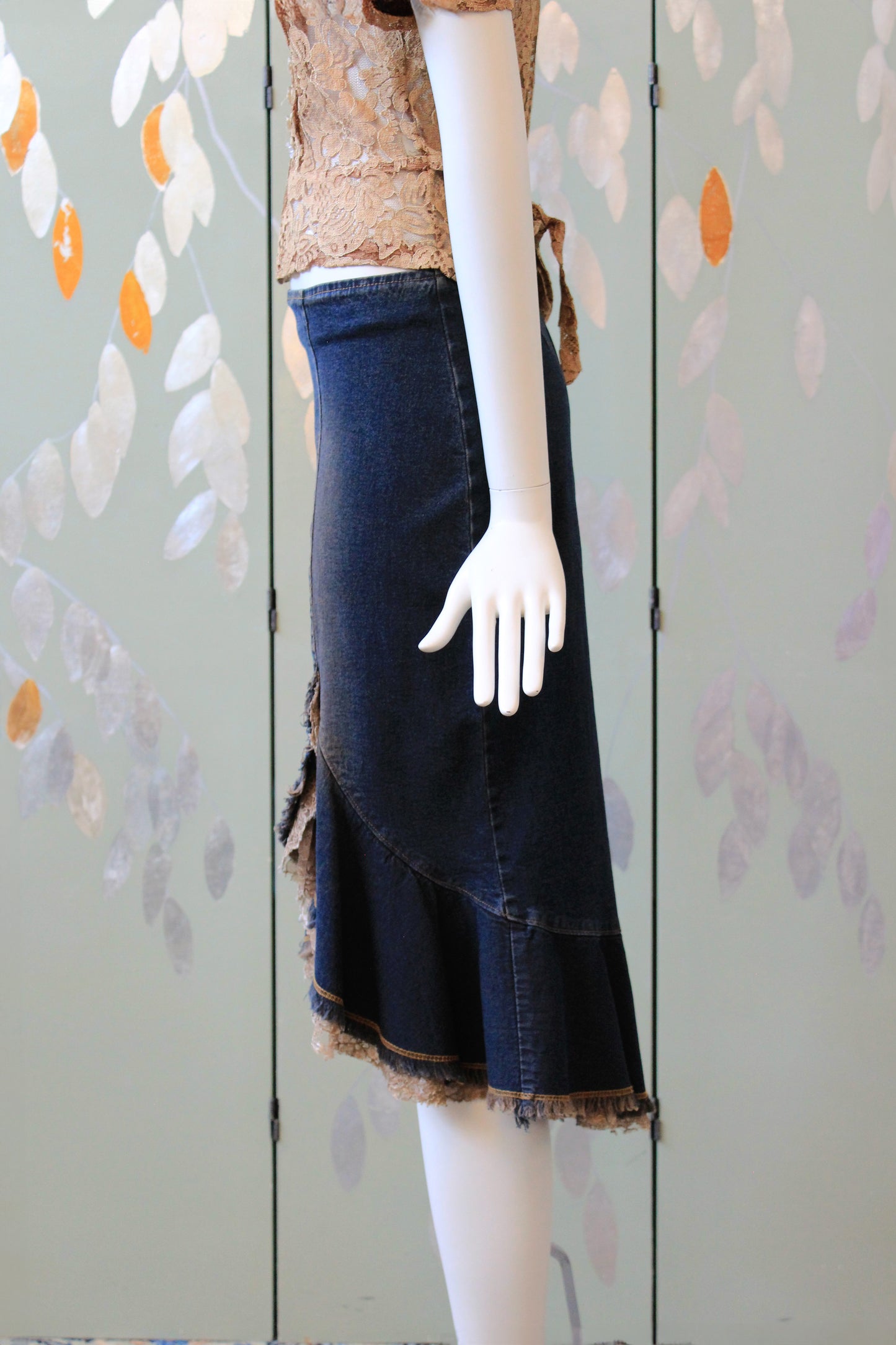 Early 2000 Denim Skirt With Lace Waterfall Hem , Large 