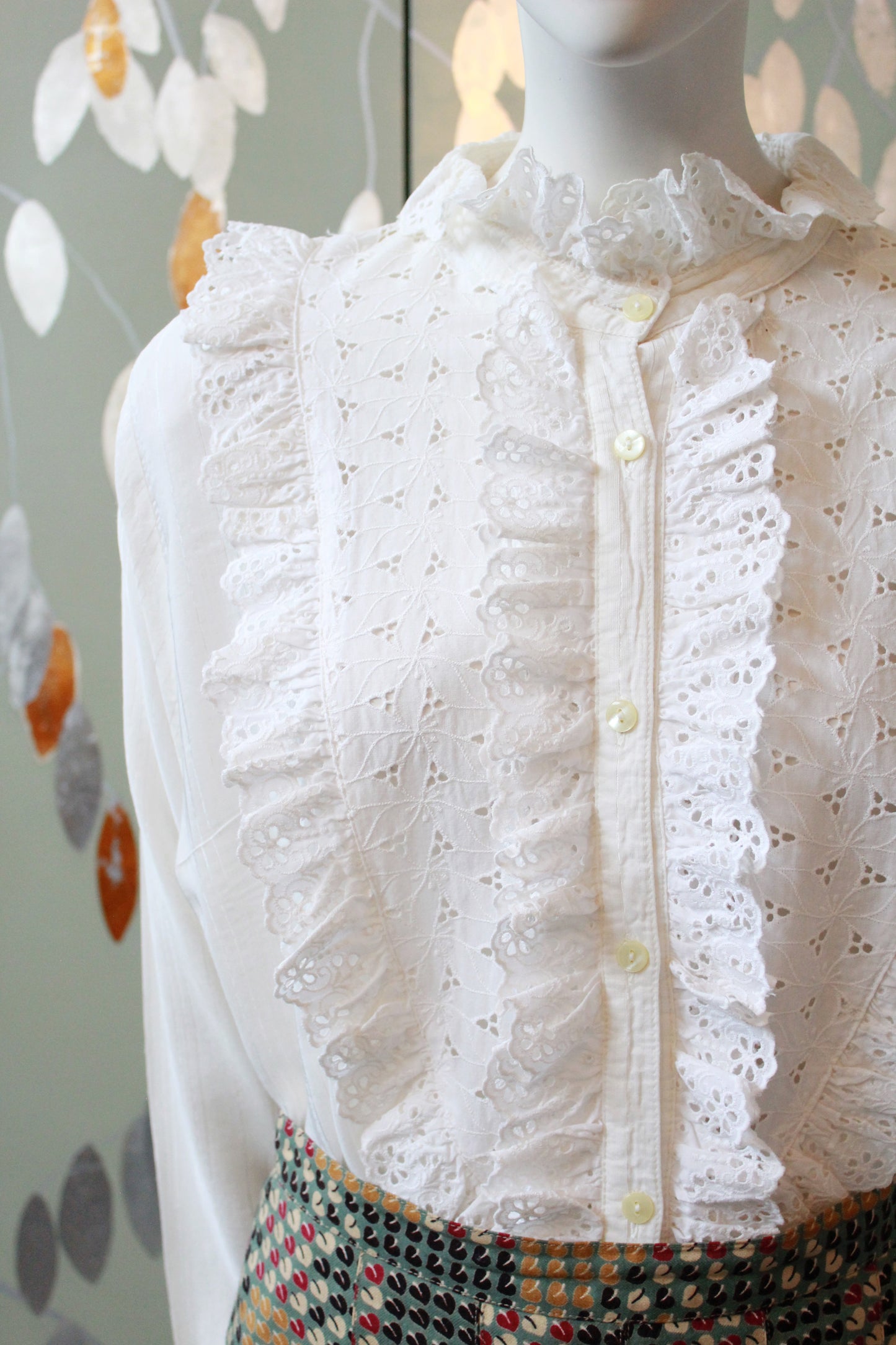1990s Long Sleeve Blouse With Oversized Ruffle Broderie Yoke, XL