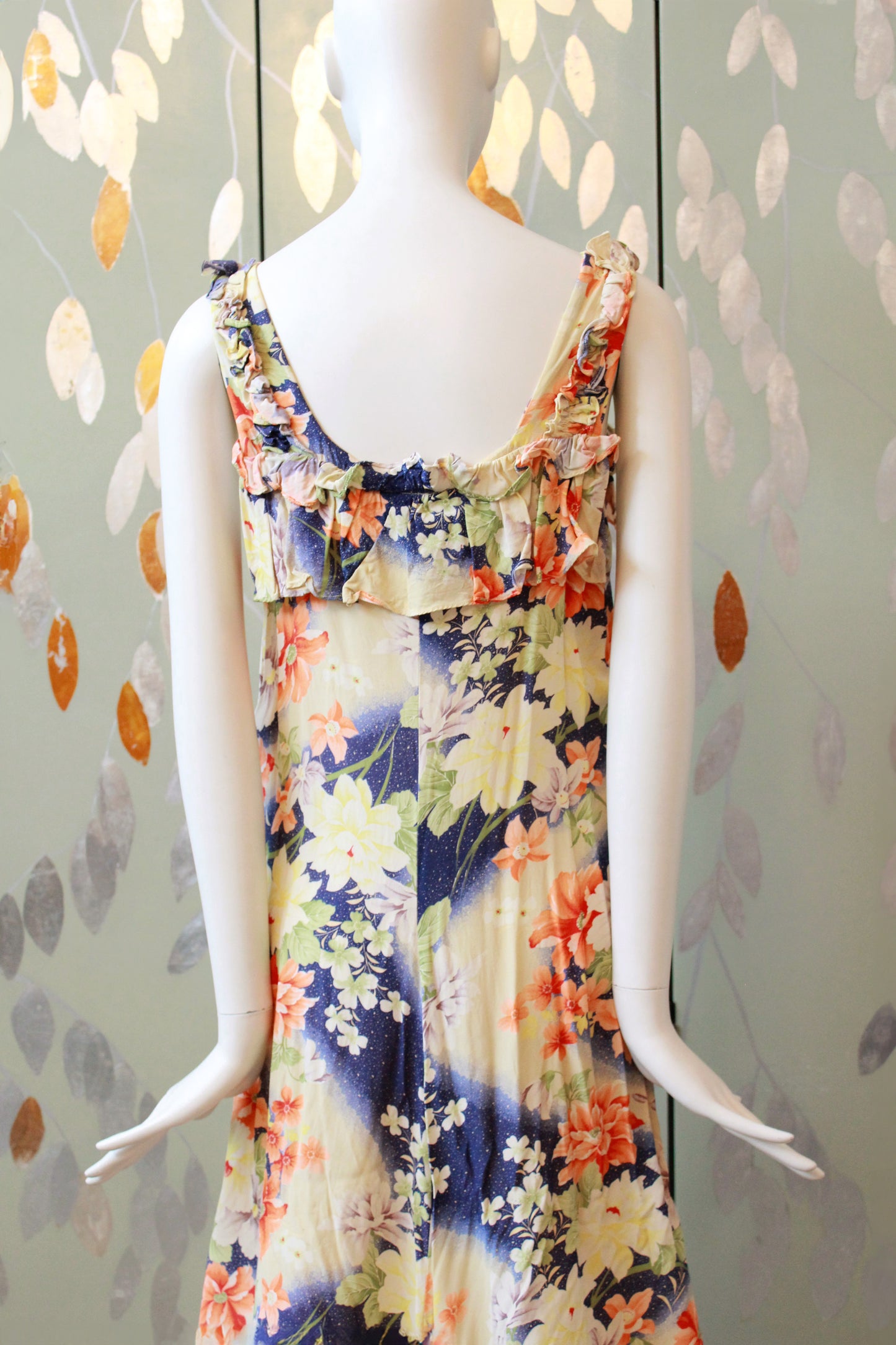 1930s Bias Cut Yellow And Orange Floral Gown With Train, Small