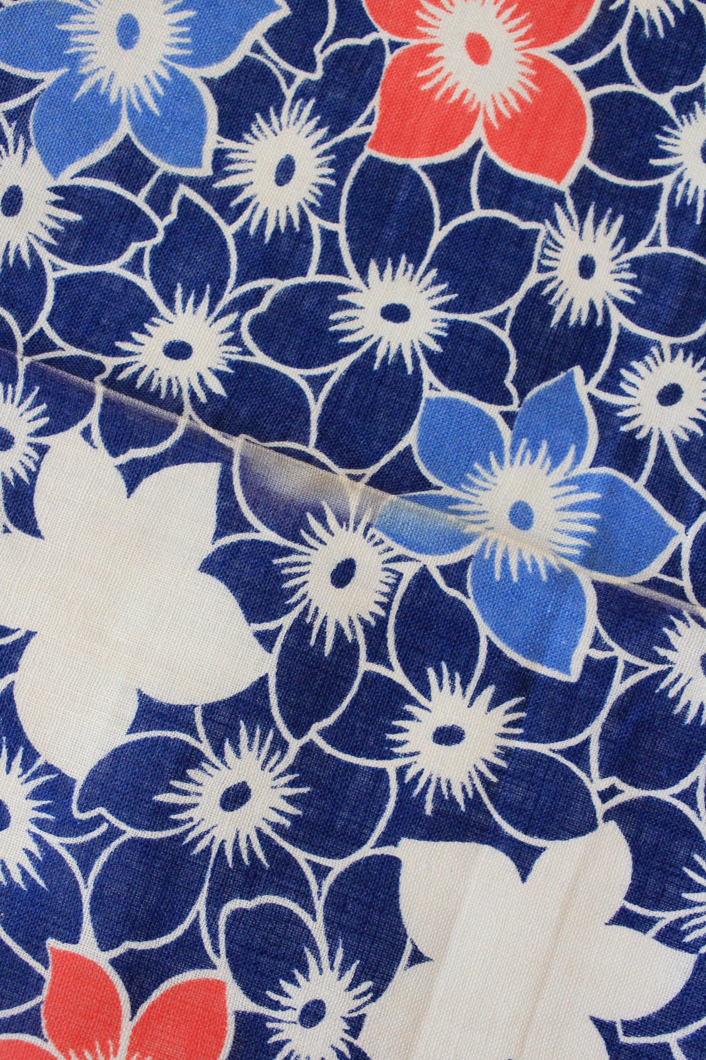 1940s Blue/White/Orange Repeating Flower Cotton Fabric, 6.75 Yards