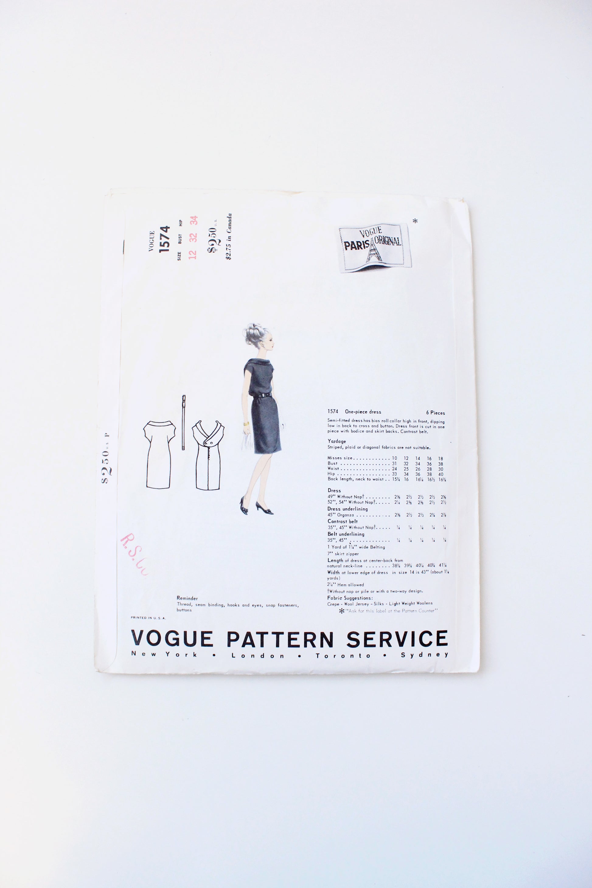 1960s Rolled Neck, Low Back Dress Vogue Paris Original 1472 Sewing Pattern, Jacques Heim, Cut-Complete Size 12