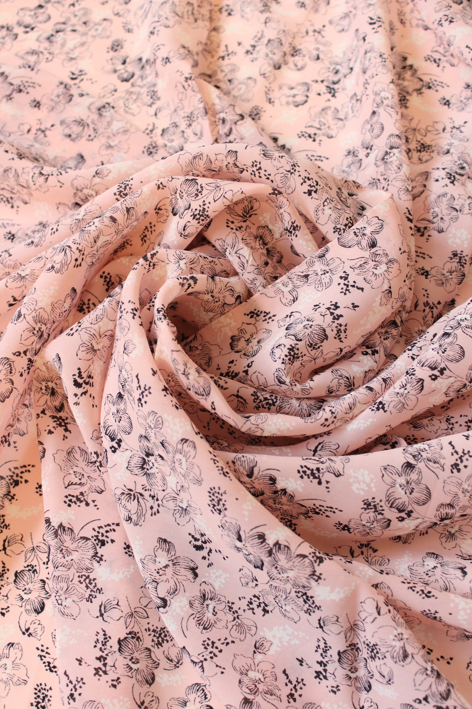 1940s Pink With Black And White Flowers Rayon Fabric, 3.5 Yards