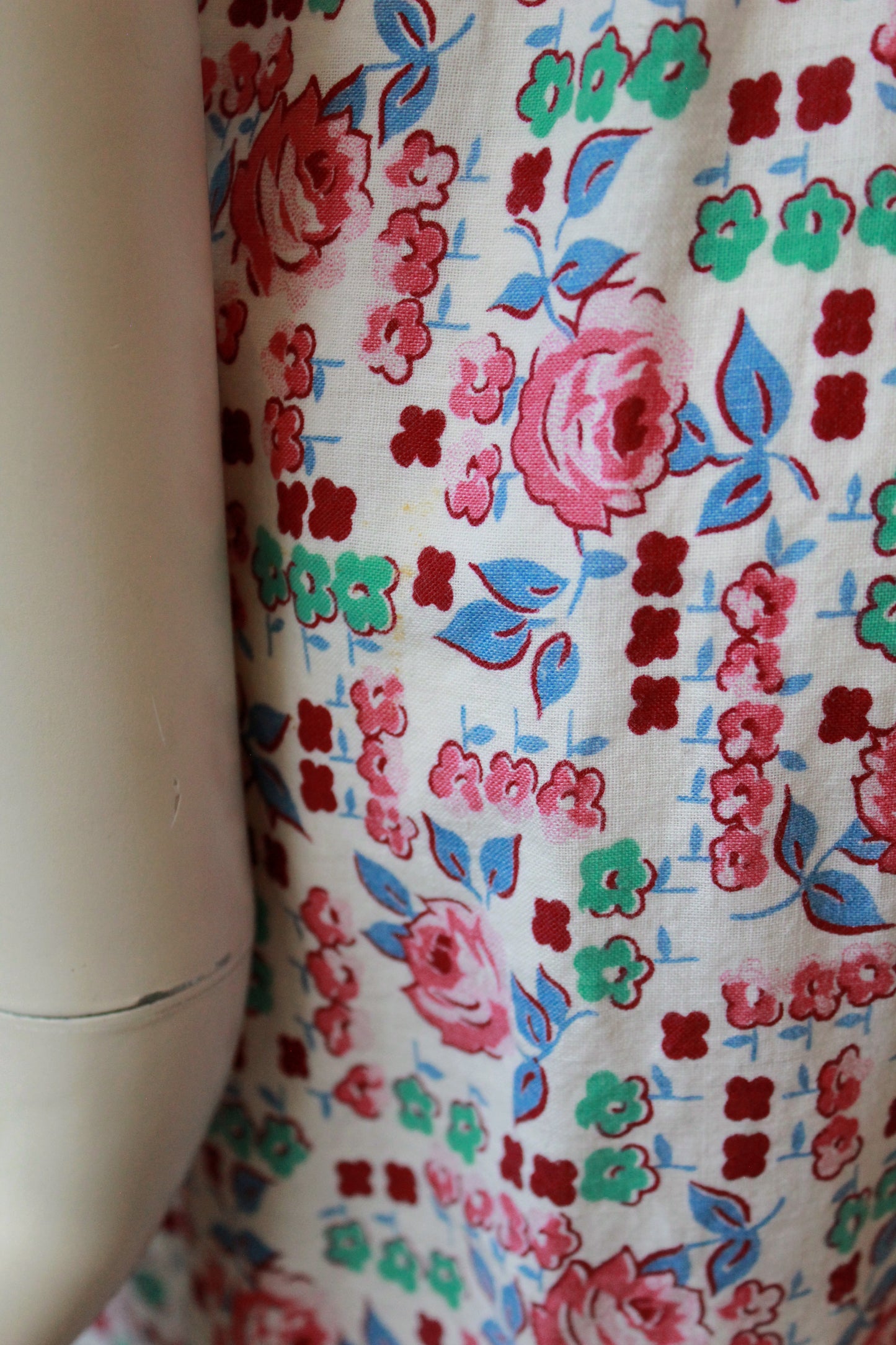 1940s  Floral Cotton Wrap House Dress With Embroidery, Medium