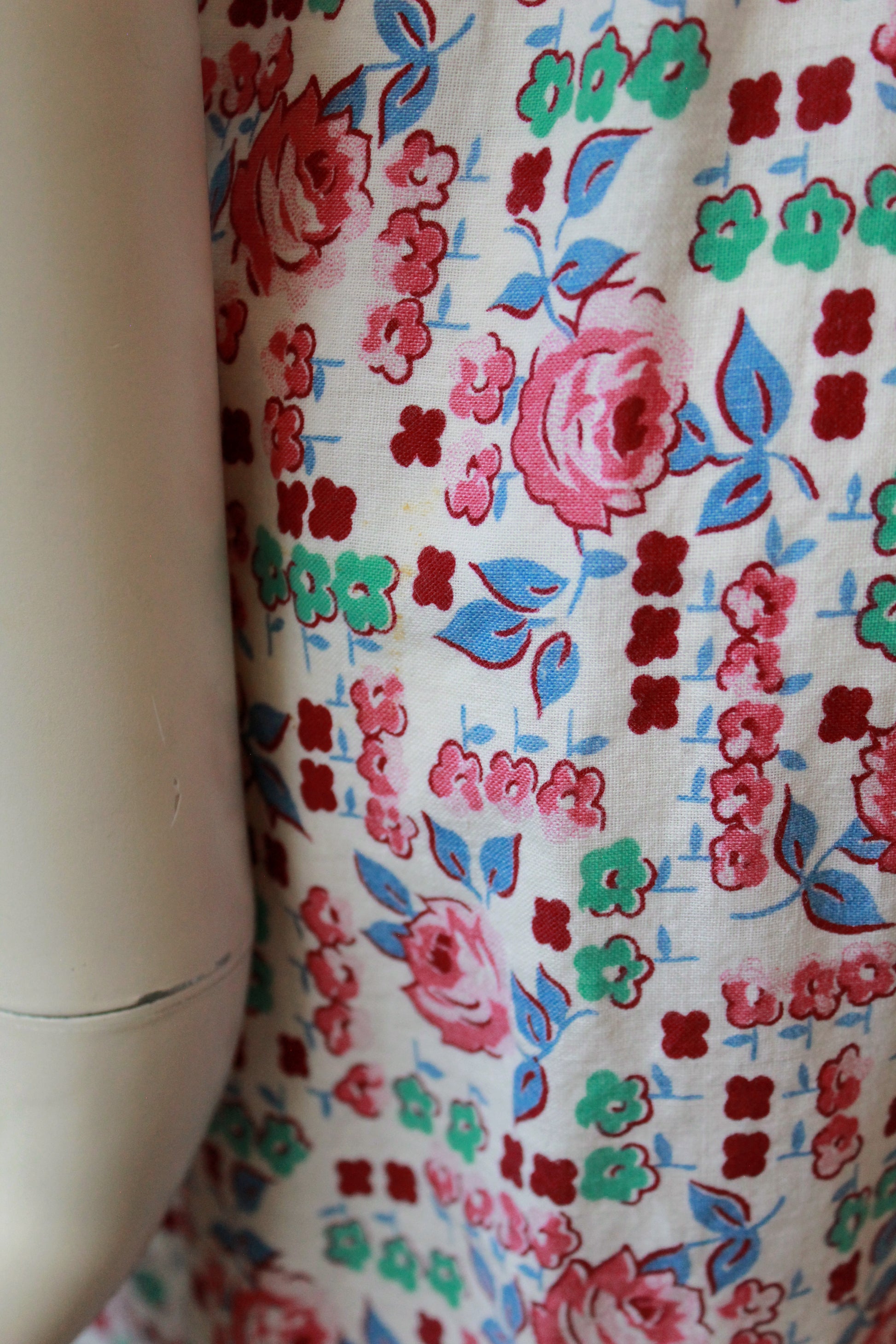 1940s  Floral Cotton Wrap House Dress With Embroidery, Medium