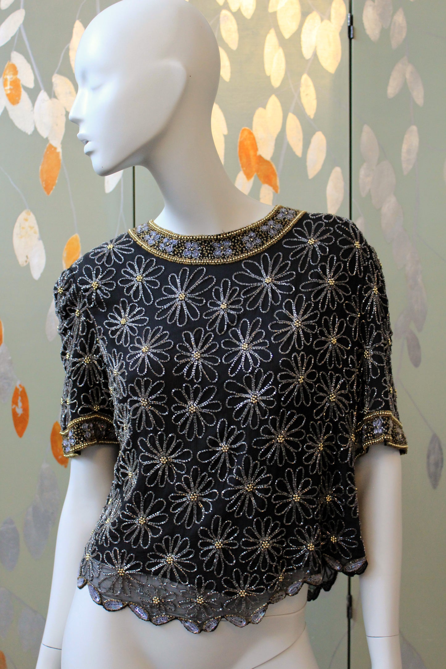 Vintage 1980s Floral Daisy Beaded Black Silk Top, Medium