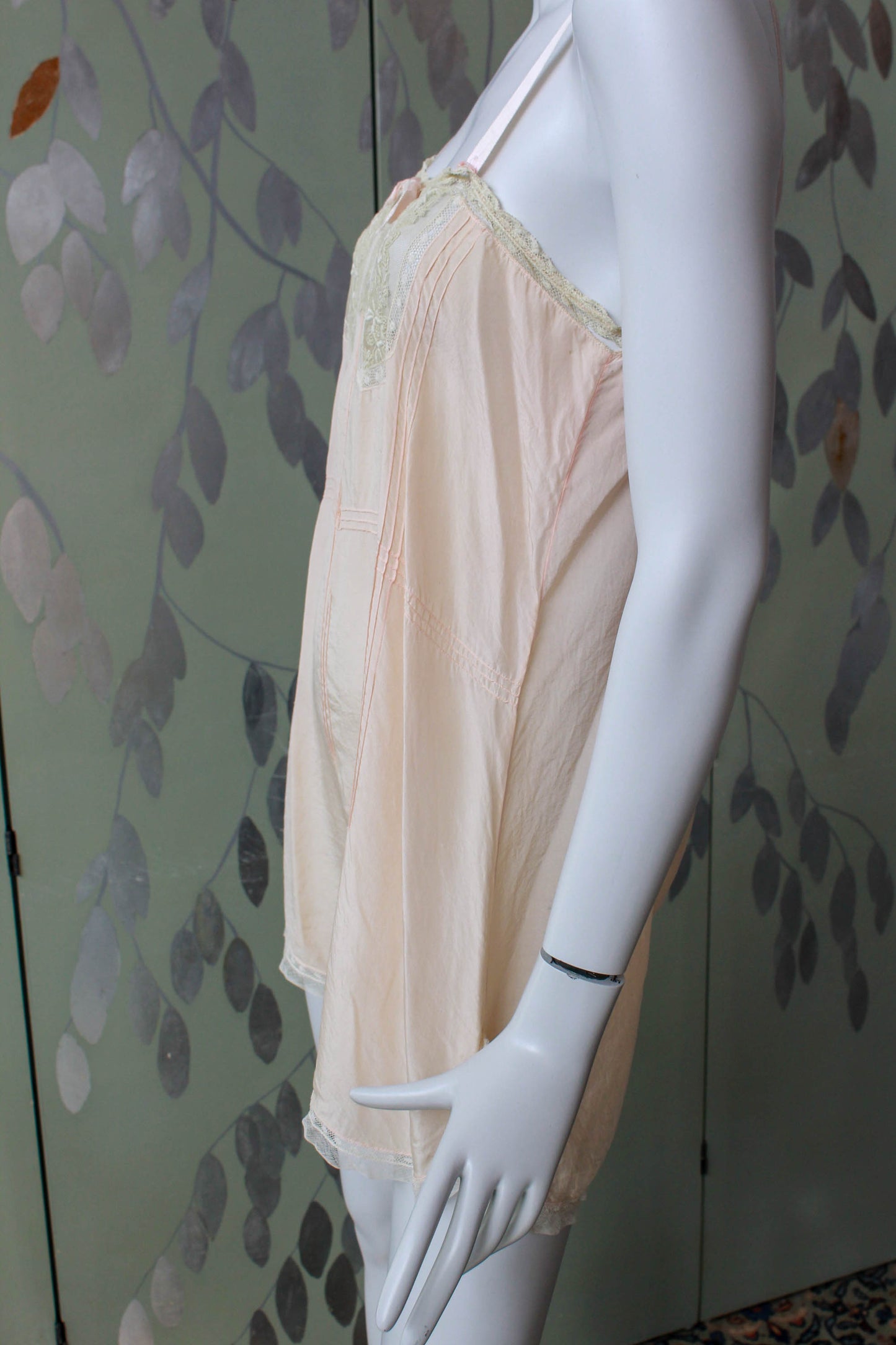1920s pink silk teddy/step in, with lace insets on bust, small bow and ribbon straps. lace trim, antique lingerie 