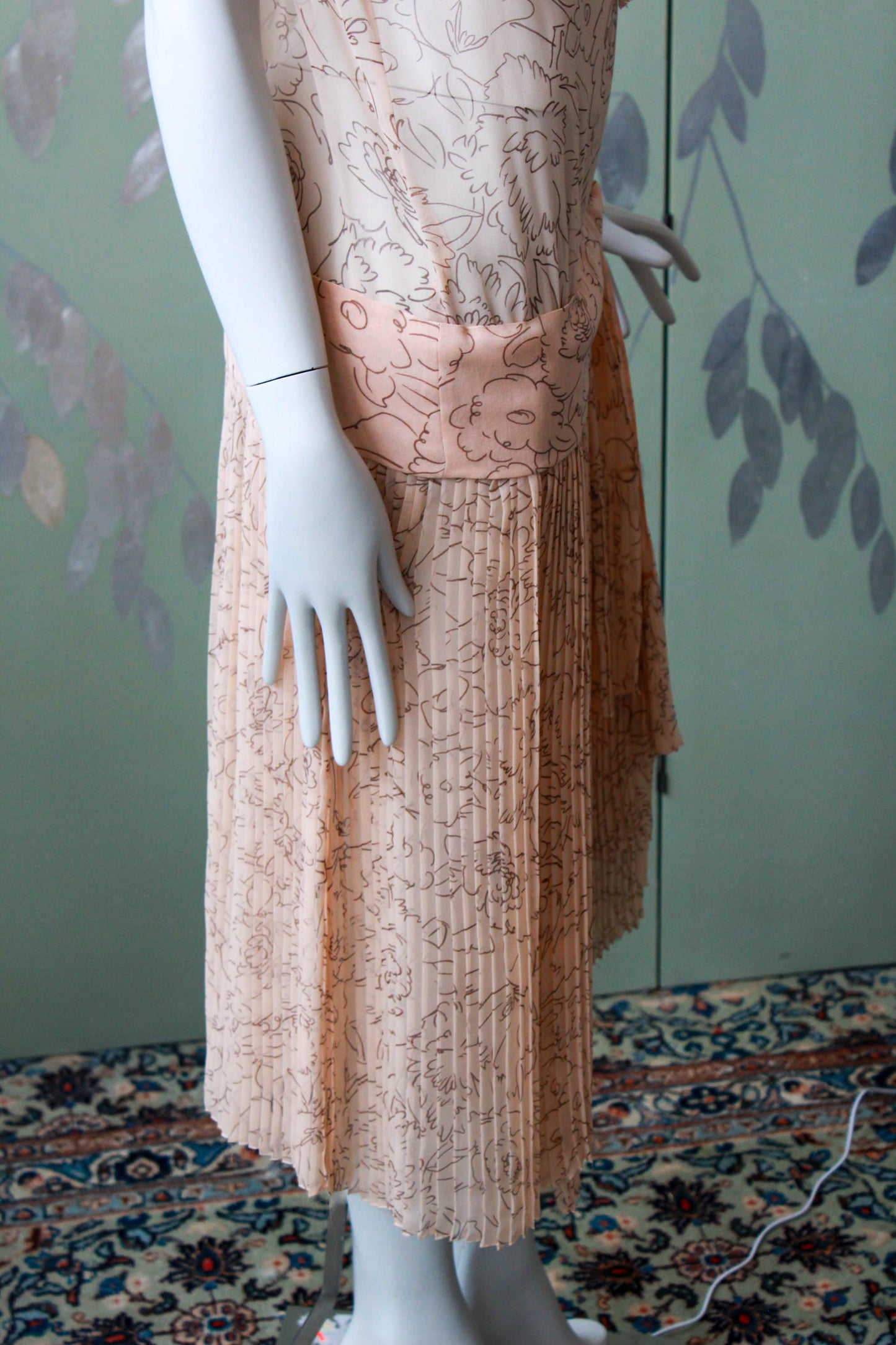 1920s Pale Pink Silk Printed Dress with Shawl Collar and Dropwaist, pleated skirt flapper dress 