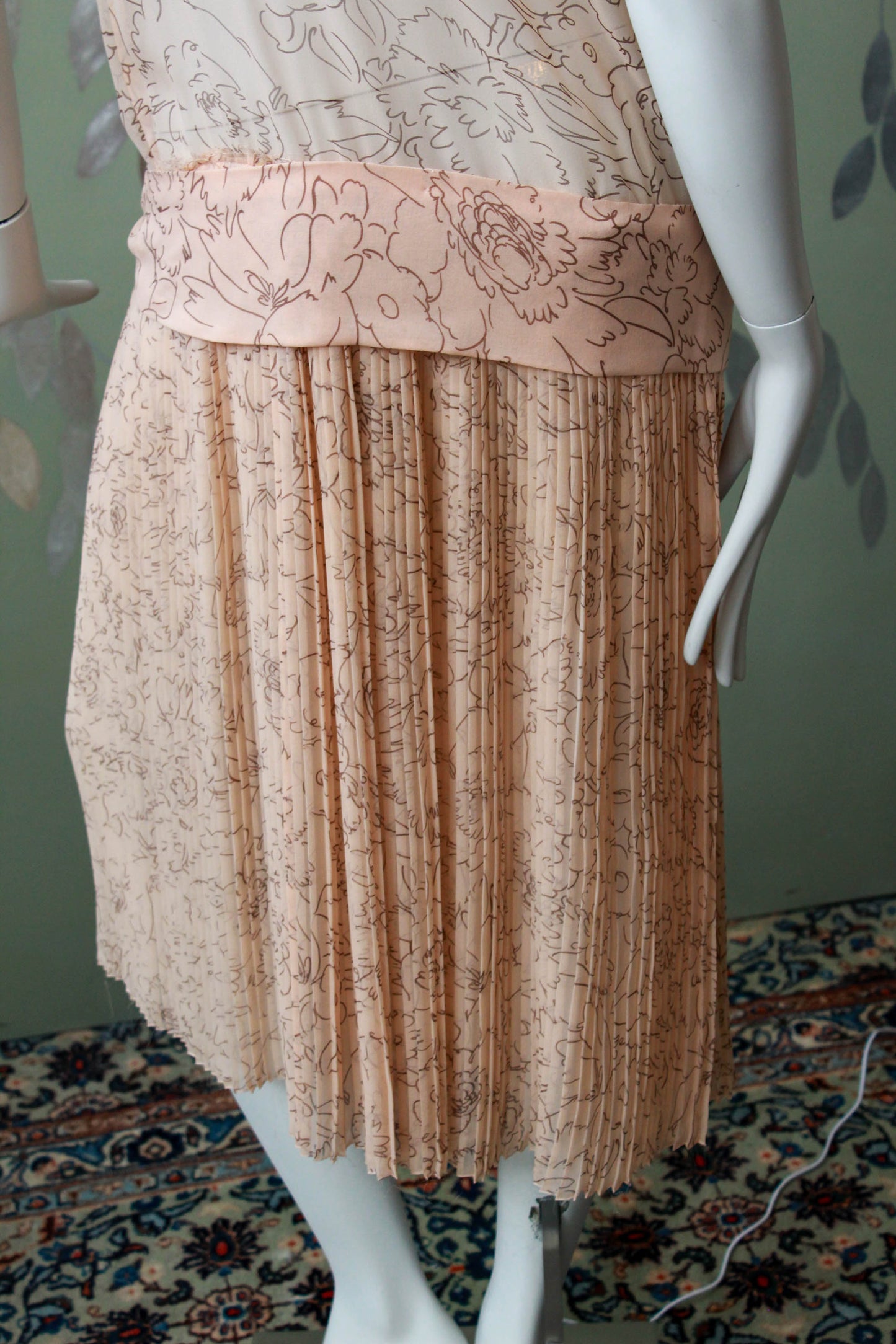1920s Pale Pink Silk Printed Dress with Shawl Collar and Dropwaist, pleated skirt flapper dress  floral print