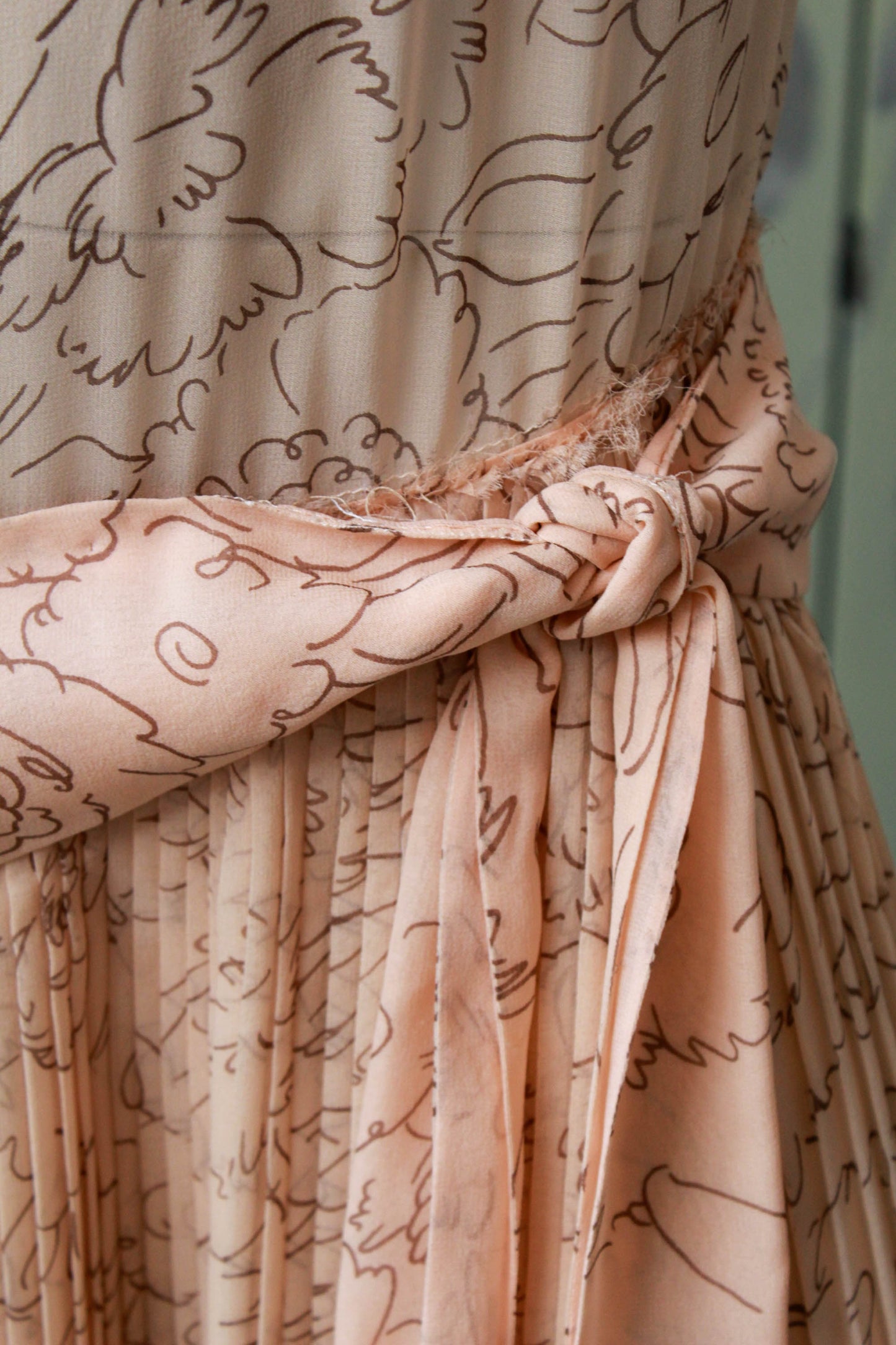 1920s Pale Sheer Pink Printed Silk Dress, Medium
