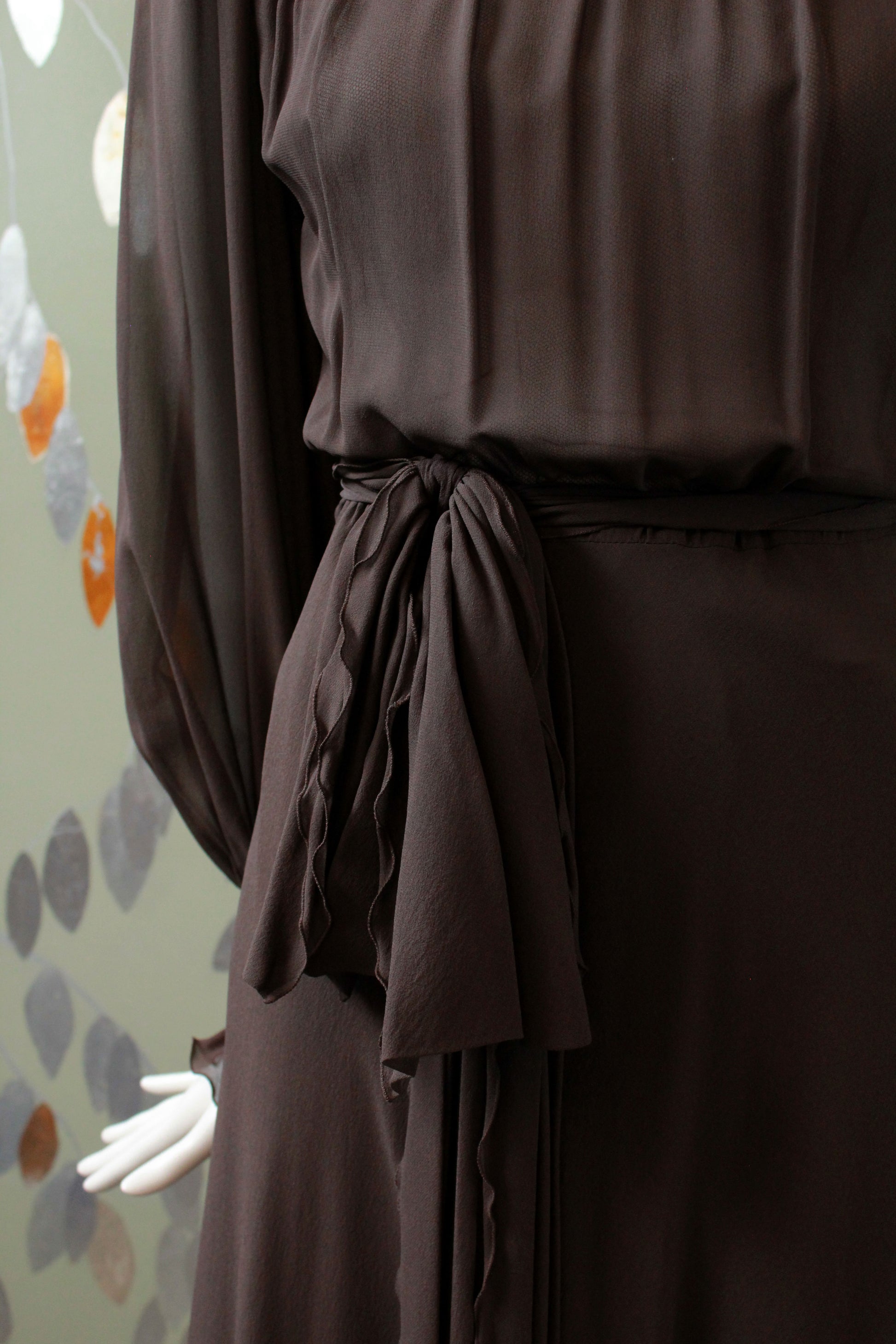 Vintage 1970s Brown PAULE NELSON Silk Chiffon Dress, Edwardian Inspired, XXS