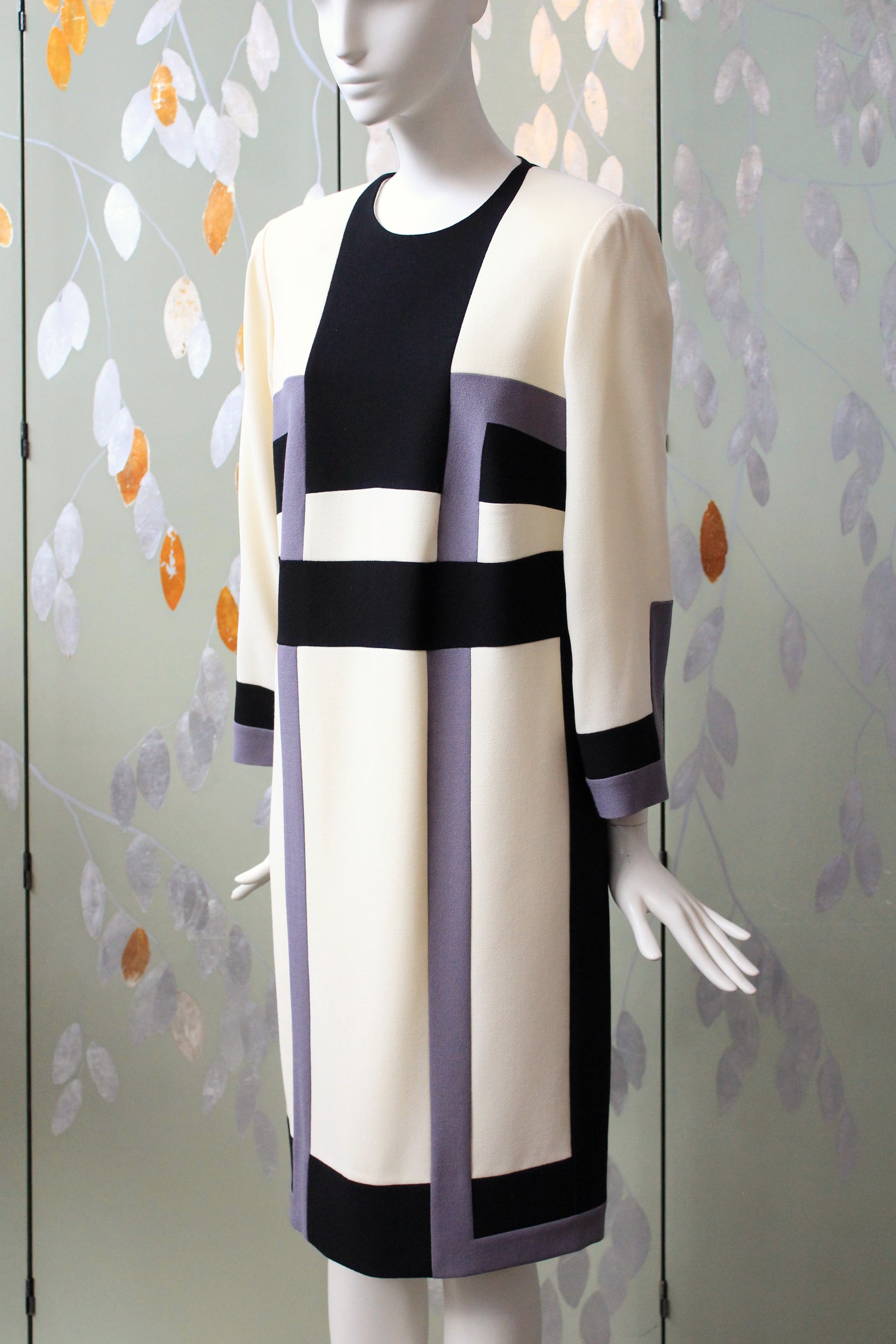 1980s Greyscale Graphic Shift 3/4 Sleeve Shift Dress, Medium