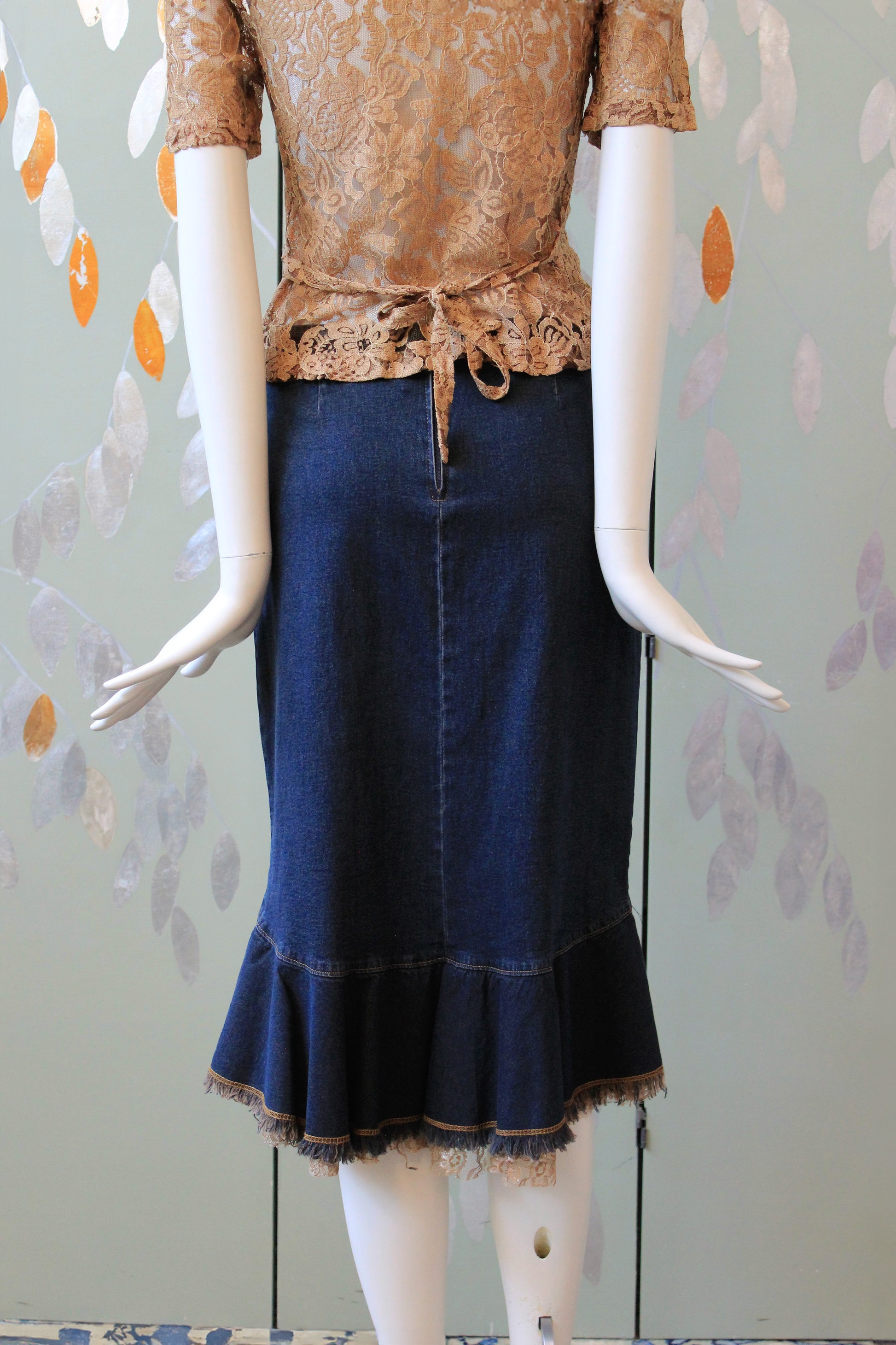 Early 2000 Denim Skirt With Lace Waterfall Hem , Large 