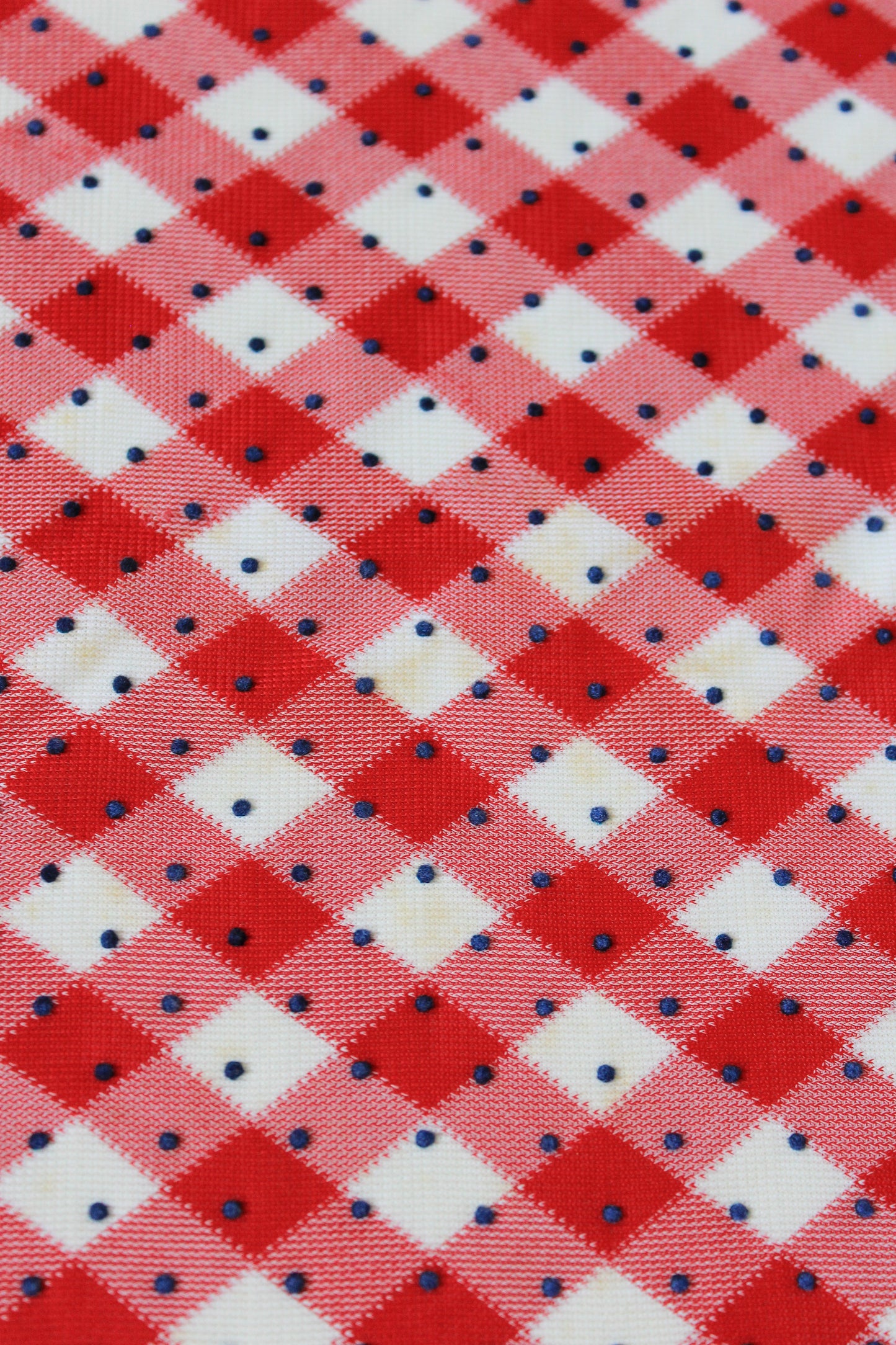 1960s Red And White Checkered Plaid With Blue Polka Dots Nylon Vintage Print Fabric, 3.8 Yards
