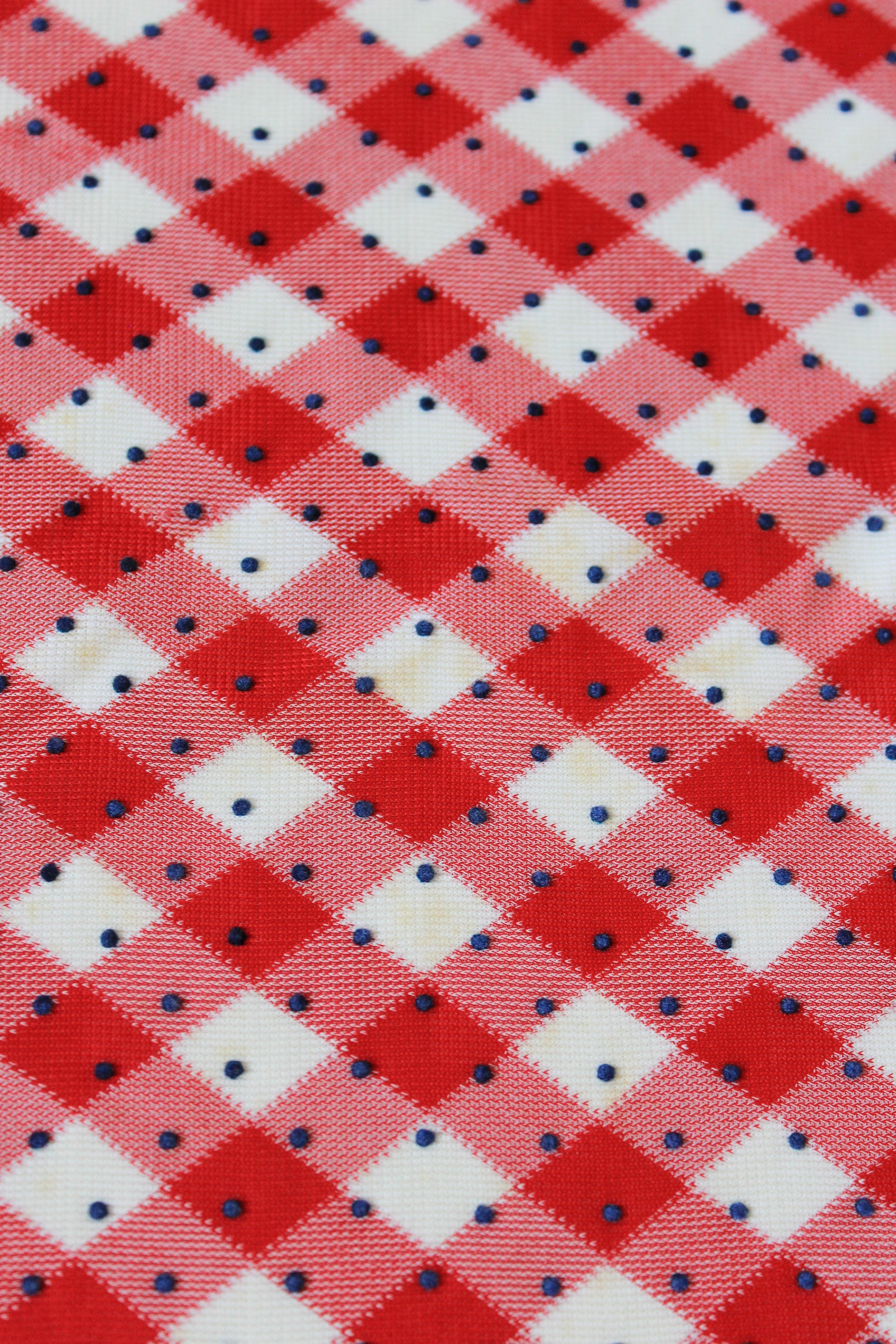 1960s Red And White Checkered Plaid With Blue Polka Dots Nylon Vintage Print Fabric, 3.8 Yards
