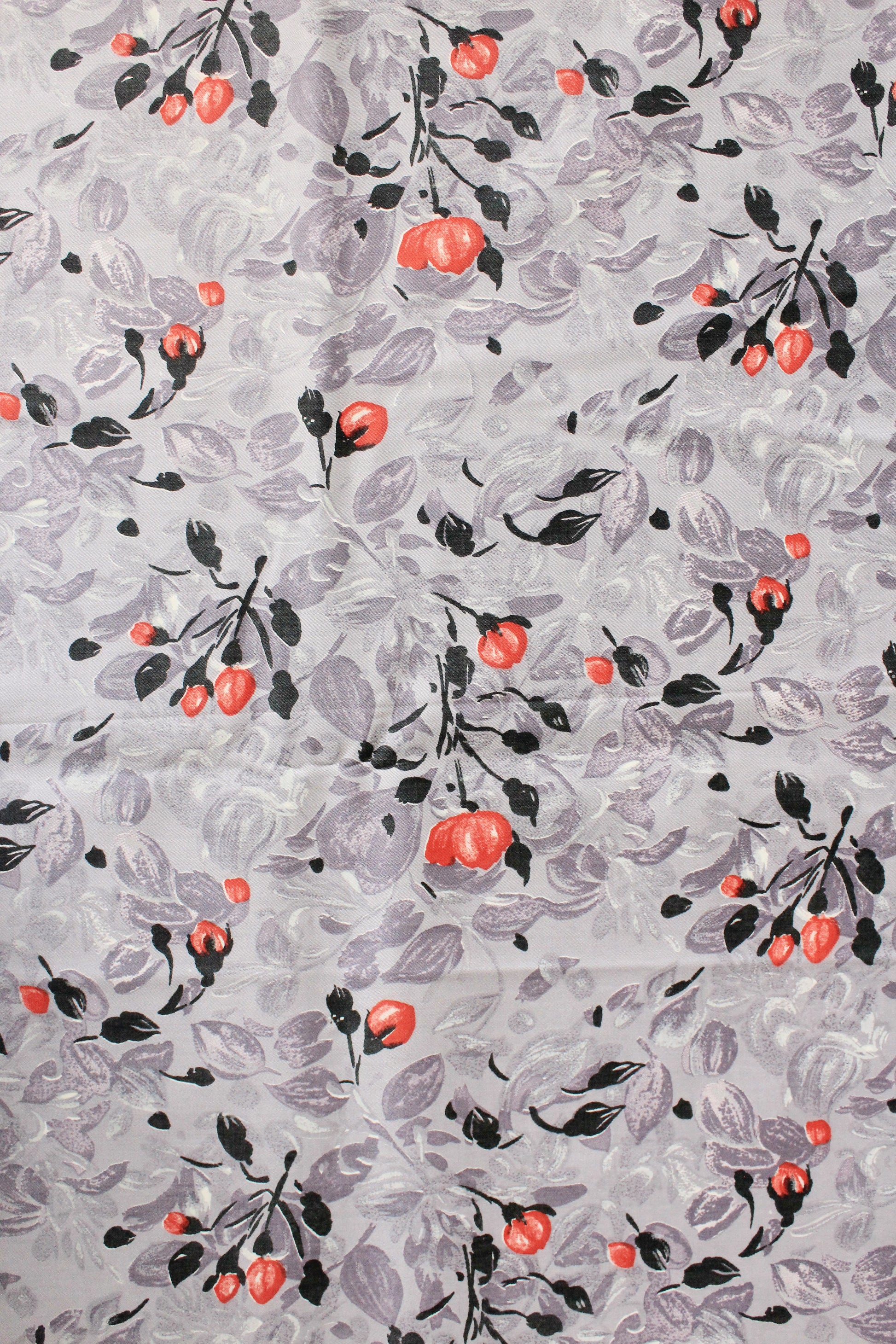 1950s Muted Purple White Red And Black Flowers Cotton Sewing Fabric, 5 Yards