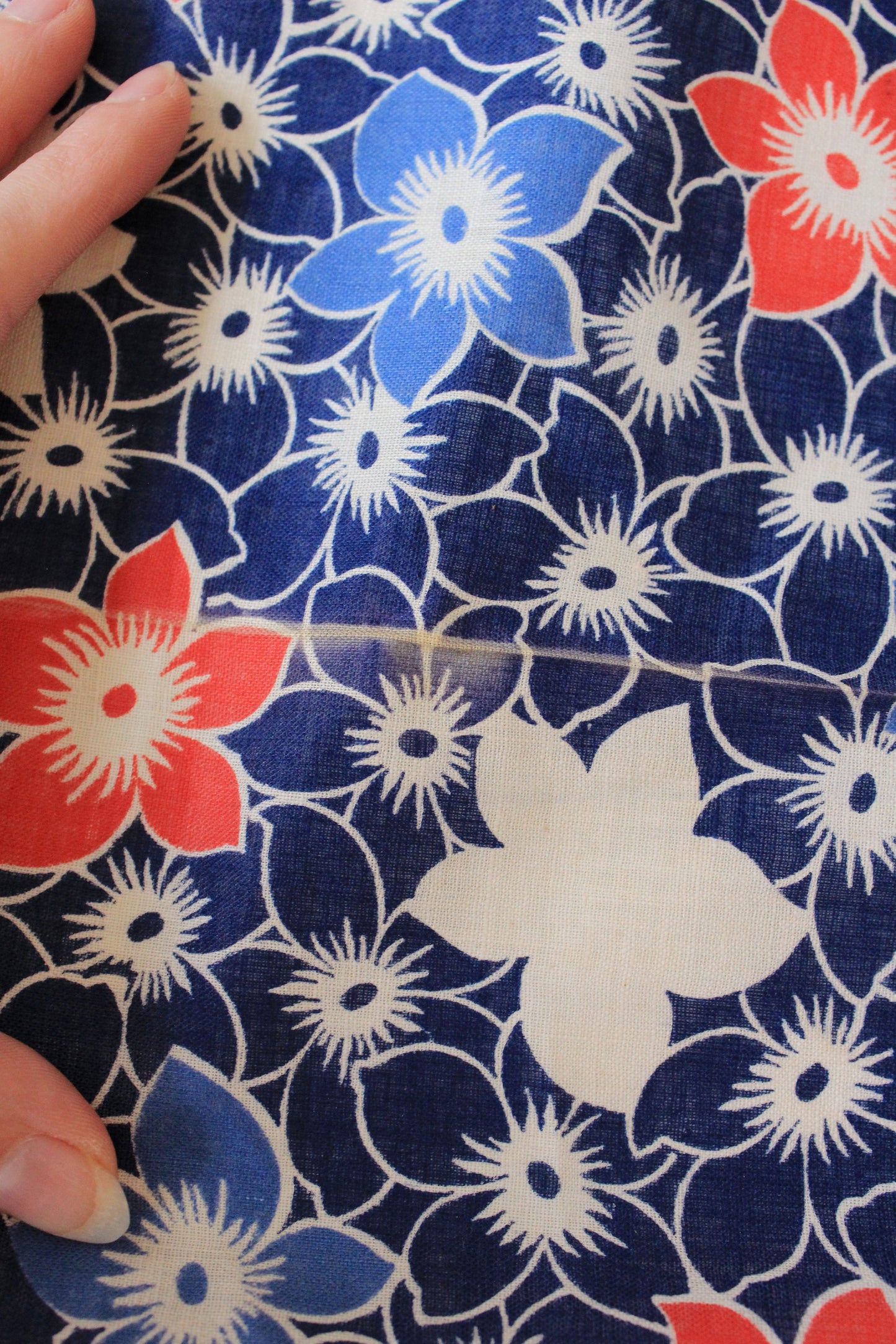 1940s Blue/White/Orange Repeating Flower Cotton Fabric, 6.75 Yards