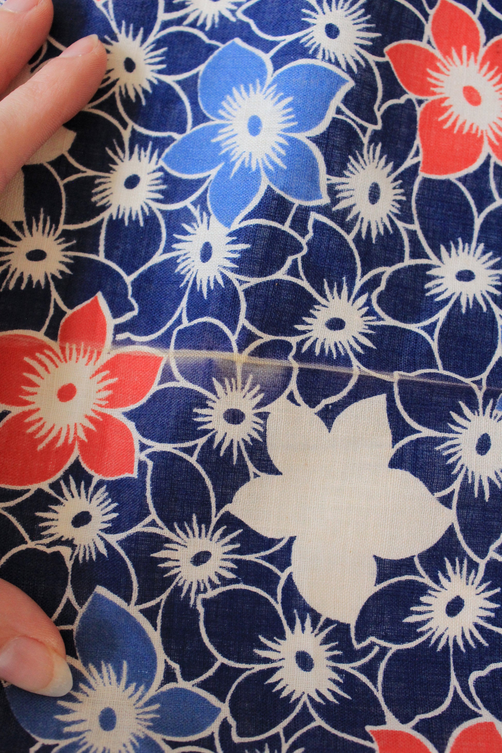 1940s Blue/White/Orange Repeating Flower Cotton Fabric, 6.75 Yards