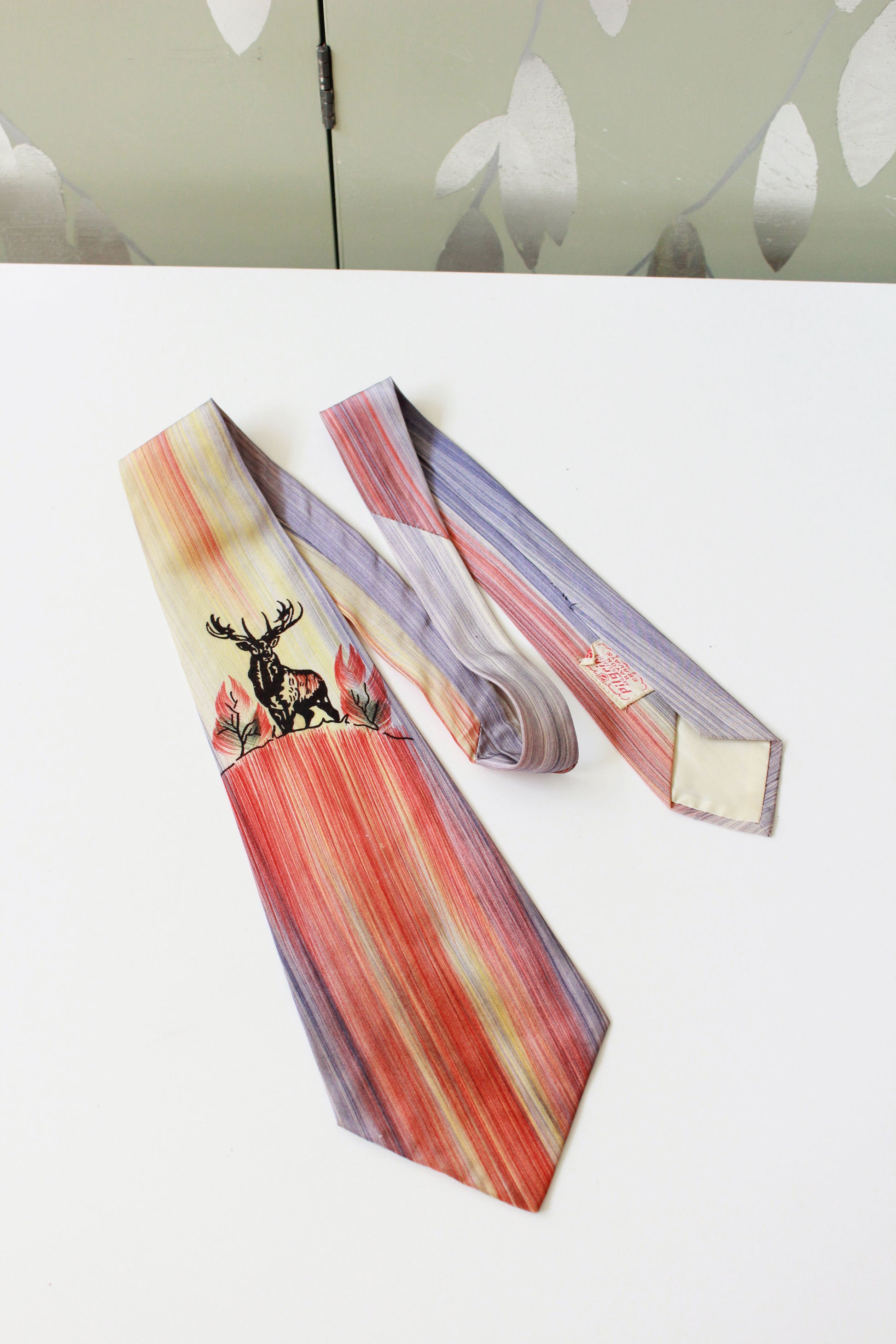 Vintage 1950s Hand Painted Deer In A Sunset Tie, Rayon Mid Century Tie