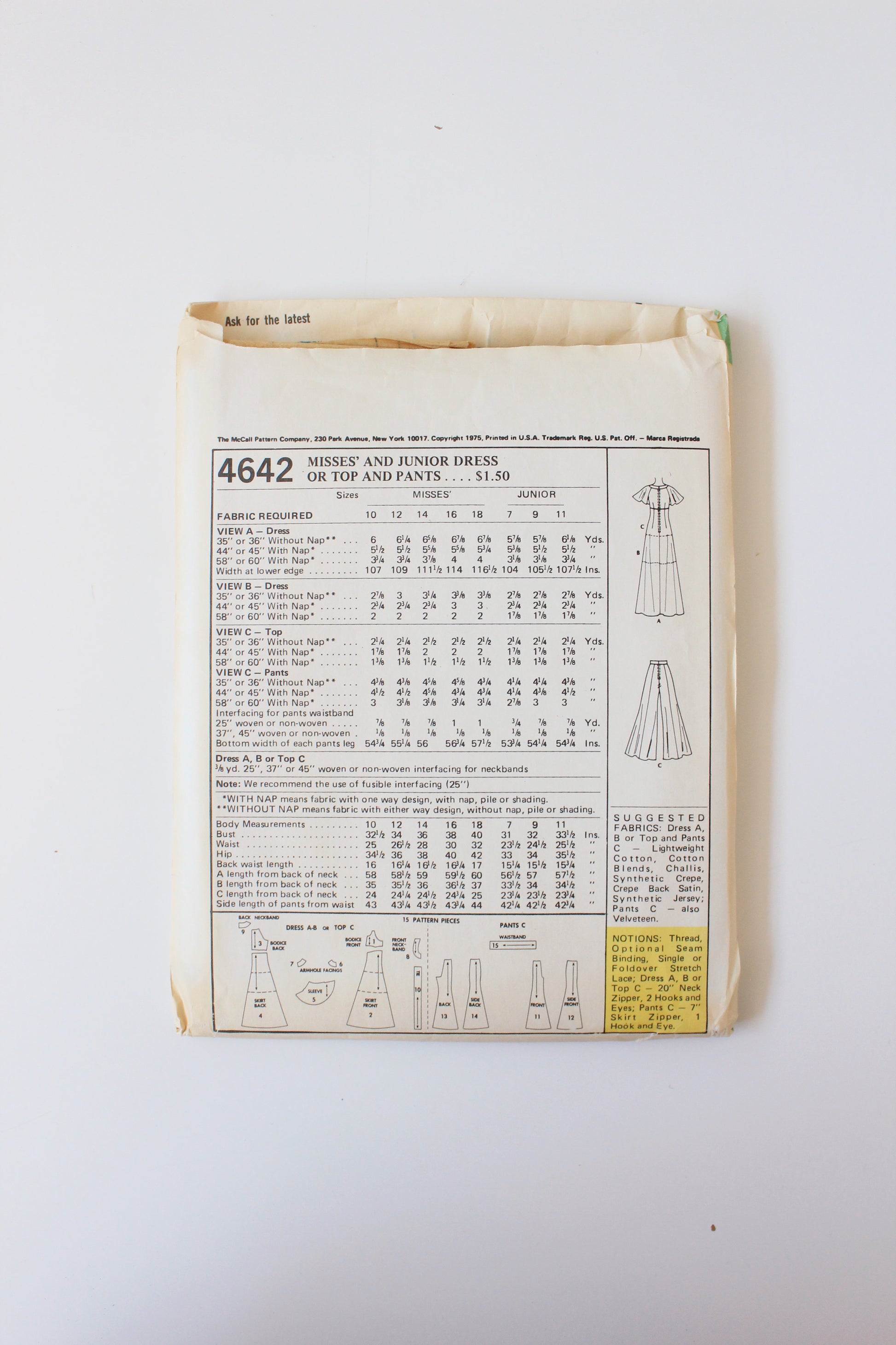 1970s Junior Dress/Pants/Skirt/Top McCall's 4642 Sewing Pattern, Uncut, Size 9