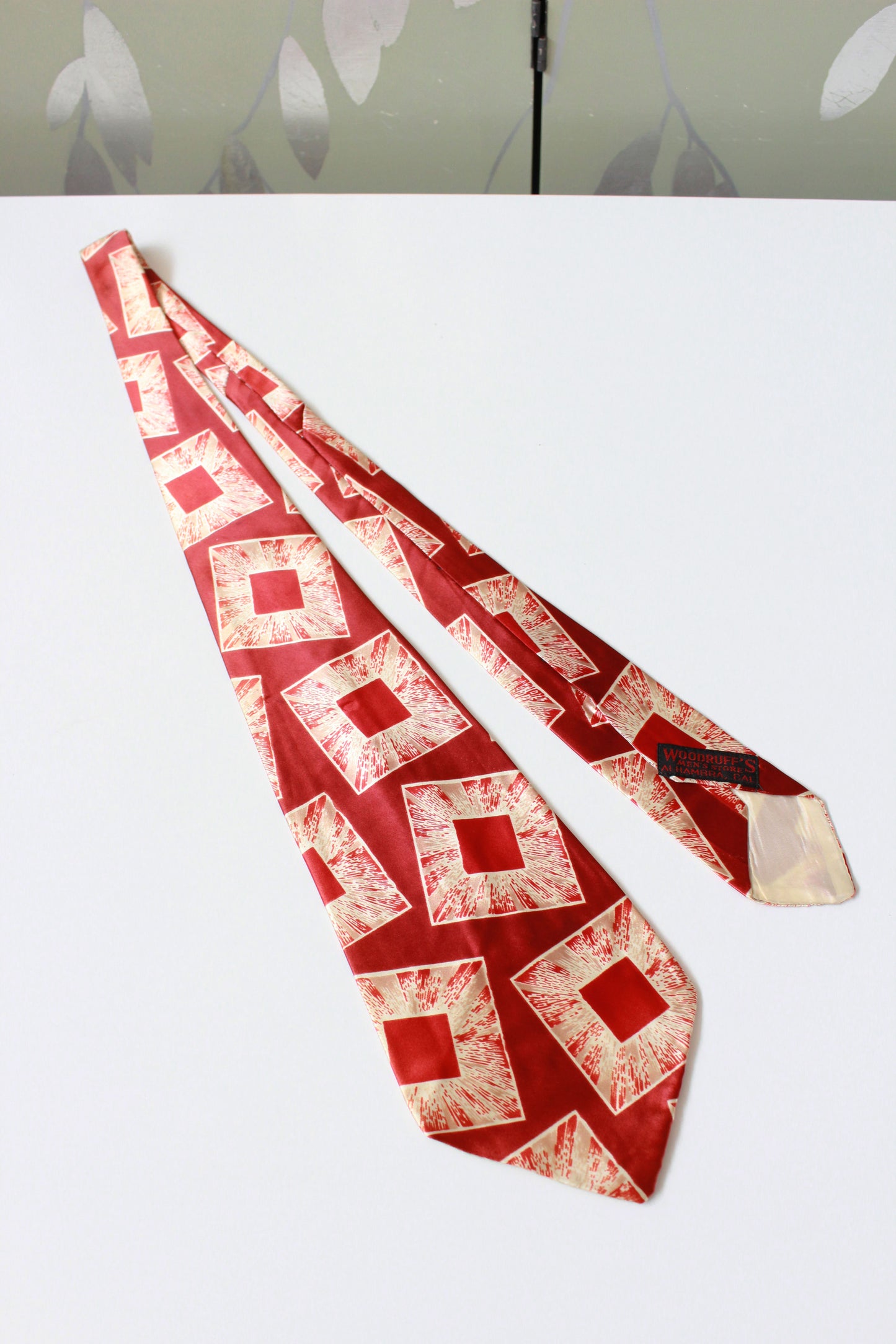 Vintage Early 1950s Abstract Red Squares Rayon Tie