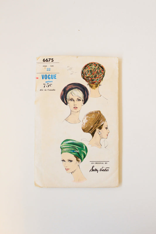 1960s Draped Beret Hat Vogue 6675 Sewing Pattern, Sally Vielon , Cut-Complete Size 22