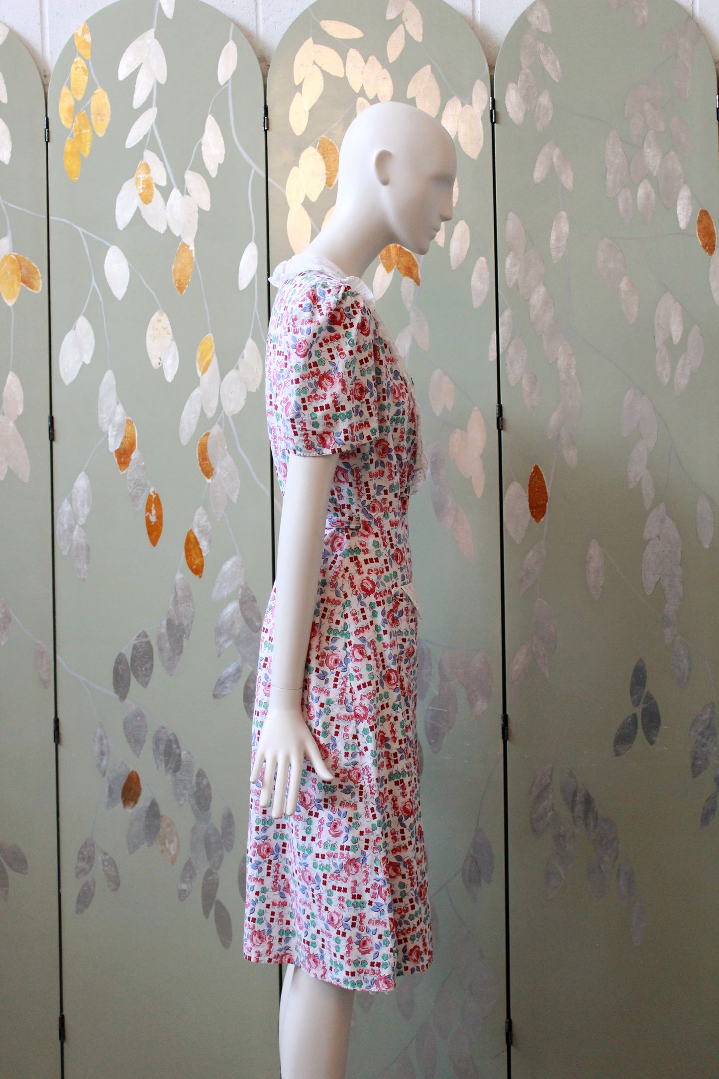 1940s  Floral Cotton Wrap House Dress With Embroidery, Medium